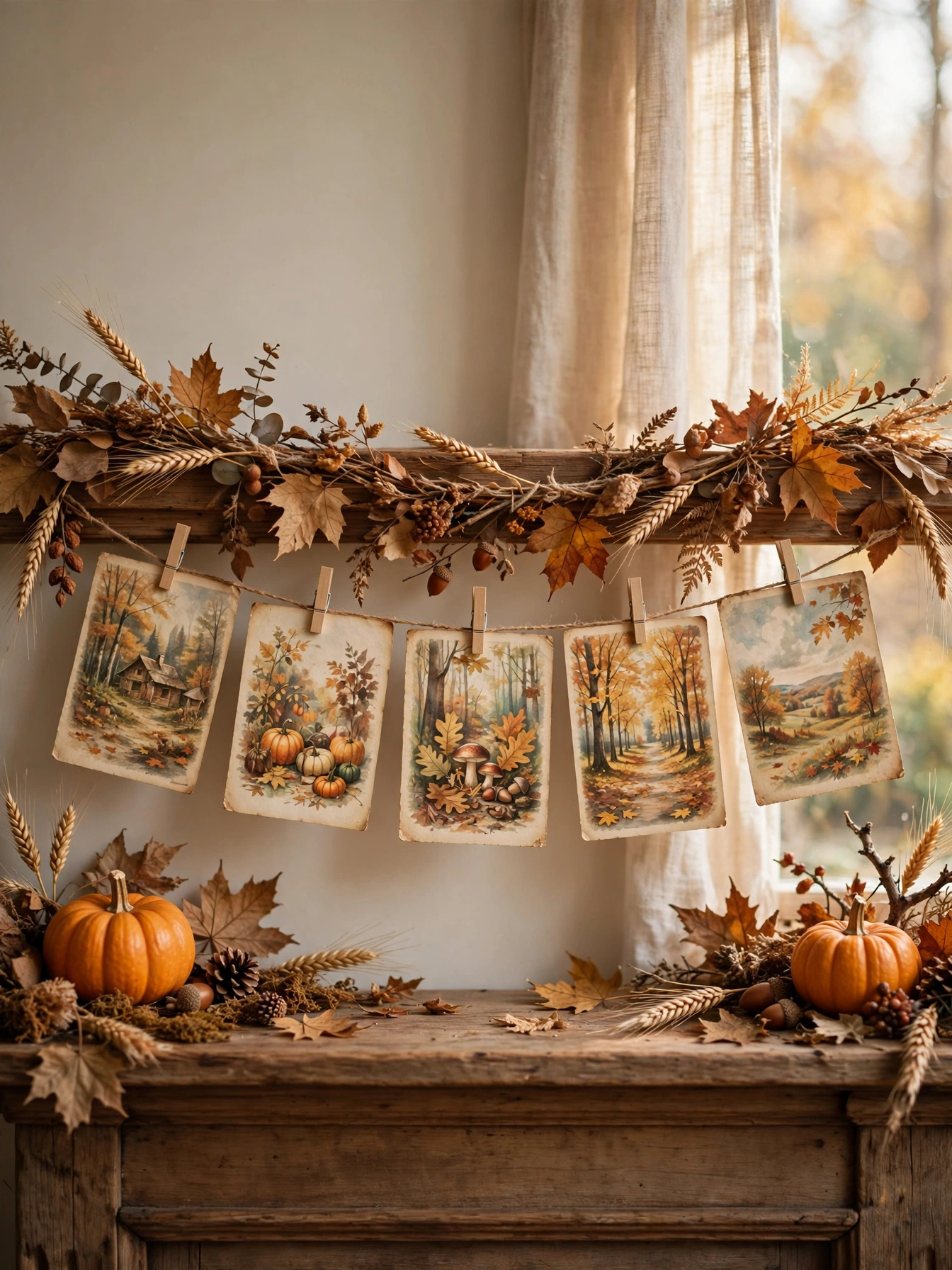 Aged autumn postcards clipped along a dried-leaf garland on a mantel, one of the vintage fall decor ideas for autumn 2026.