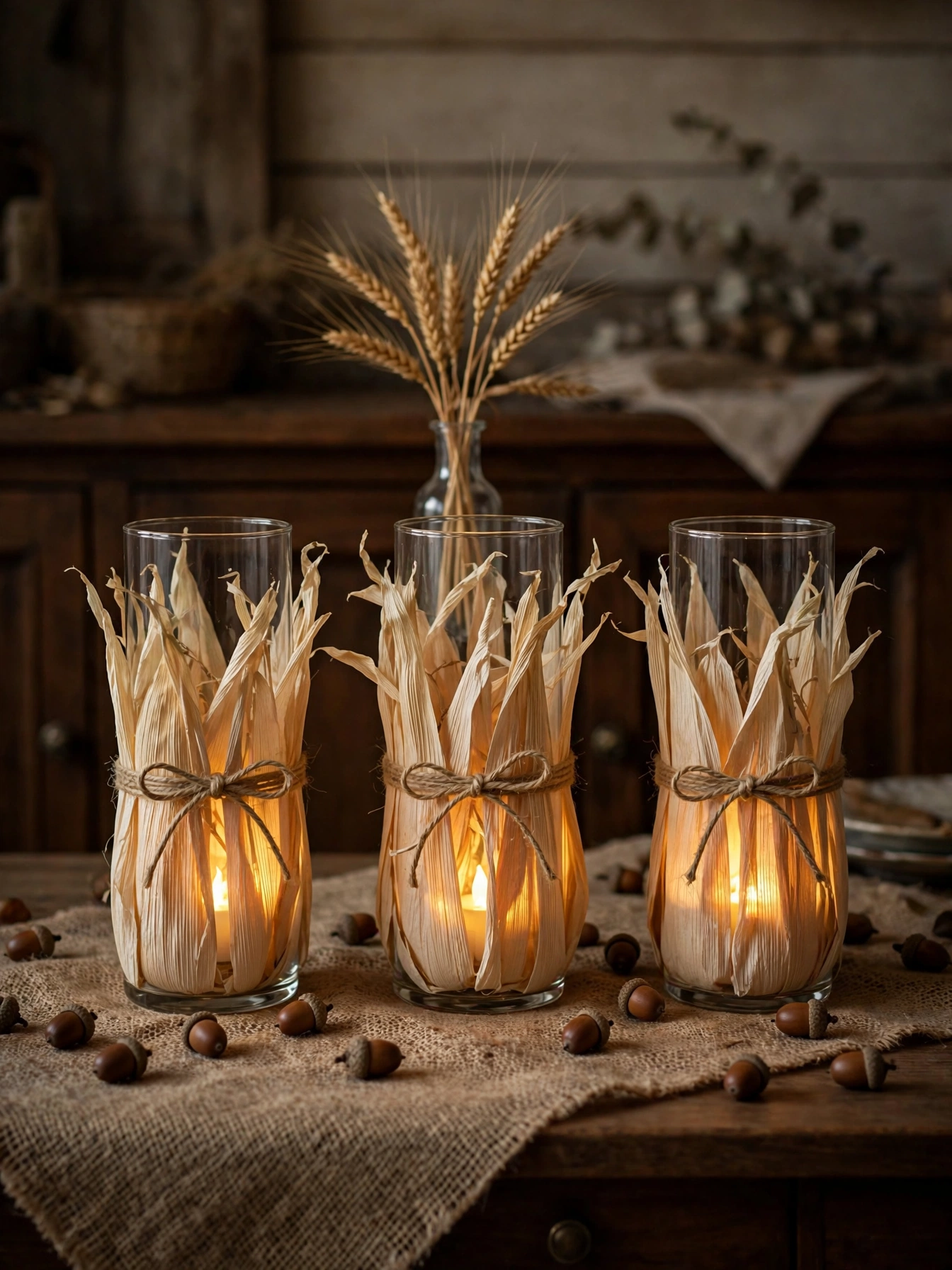 Glass vases wrapped in dried corn husks with glowing tea lights on a burlap runner, a textural diy fall decor ideas for autumn 2026.