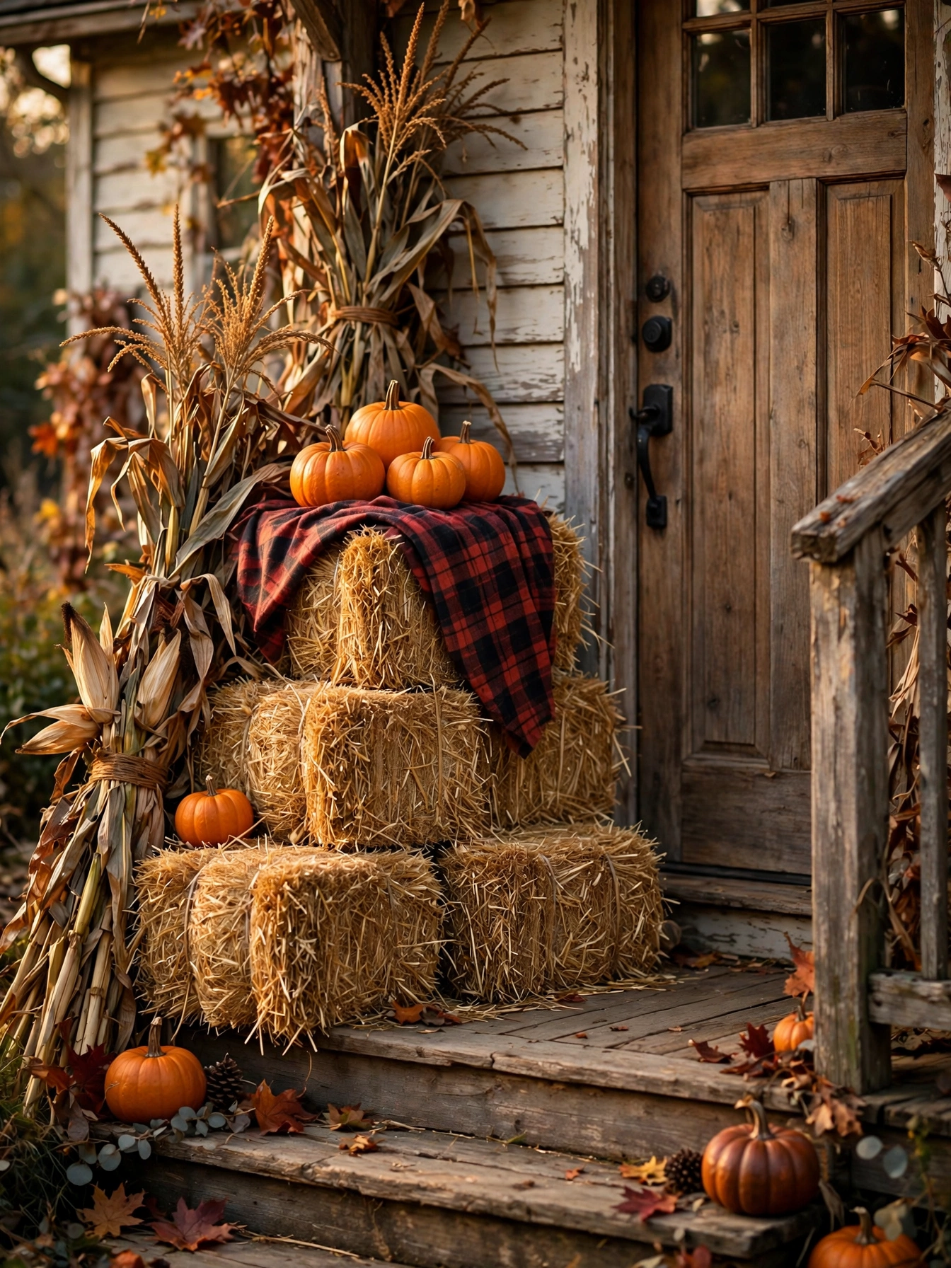 A DIY doorstep stack of mini hay bales topped with small pumpkins and cornstalks beside a wooden front door