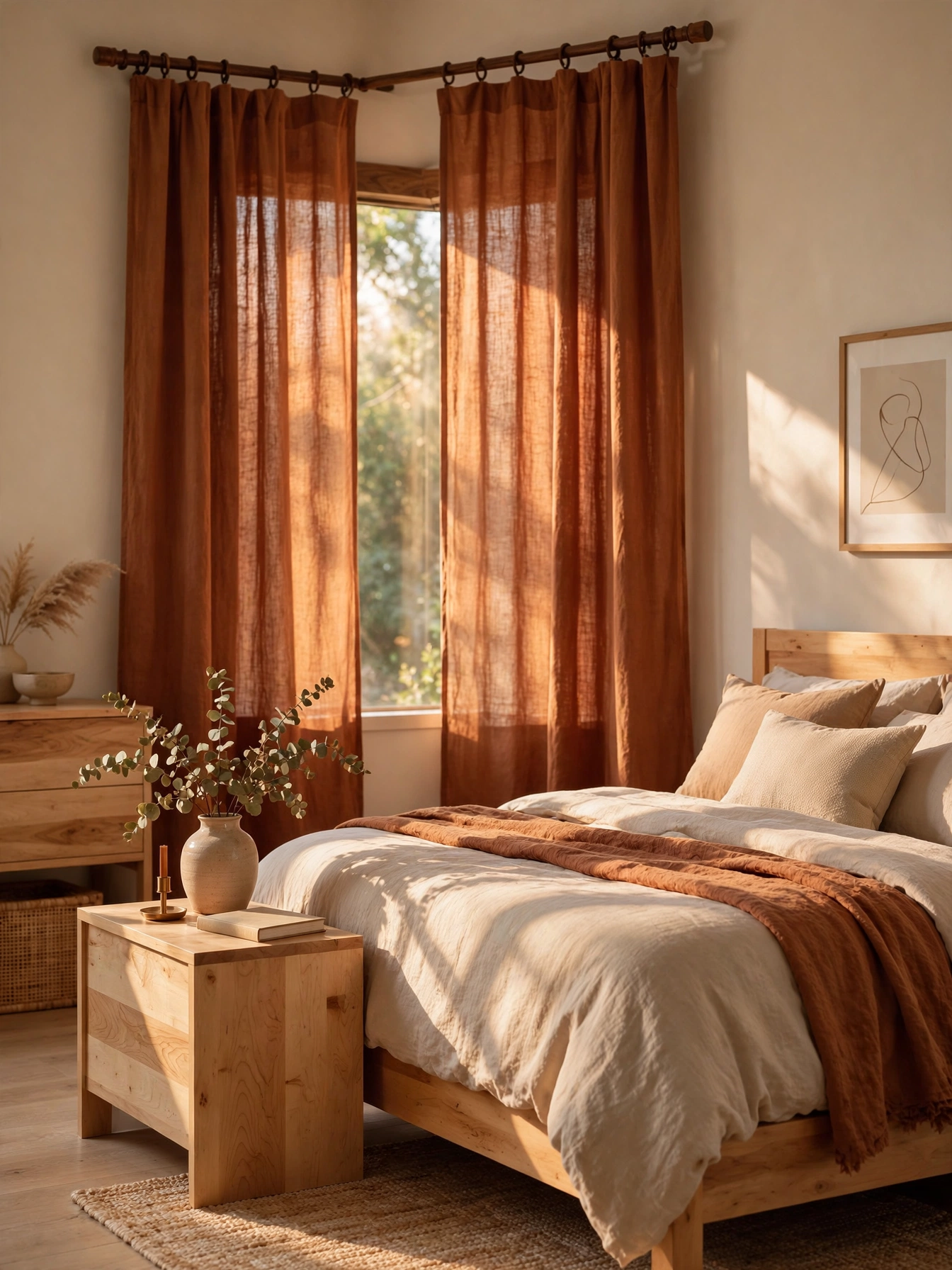 Rust colored linen curtain panels on a dark wood rod filtering golden light in a cozy bedroom.