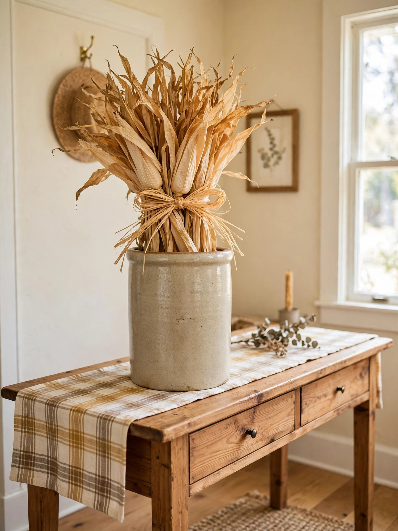 Fall entry table decor ideas for autumn 2026: dried corn husks tied with raffia standing in a stoneware crock on a farmhouse pine console.