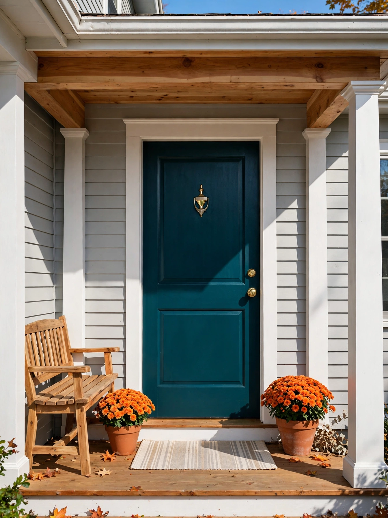 Freshly painted deep teal front door with brass hardware and mum pots, showing how color anchors these fall front door decor ideas for autumn 2026.