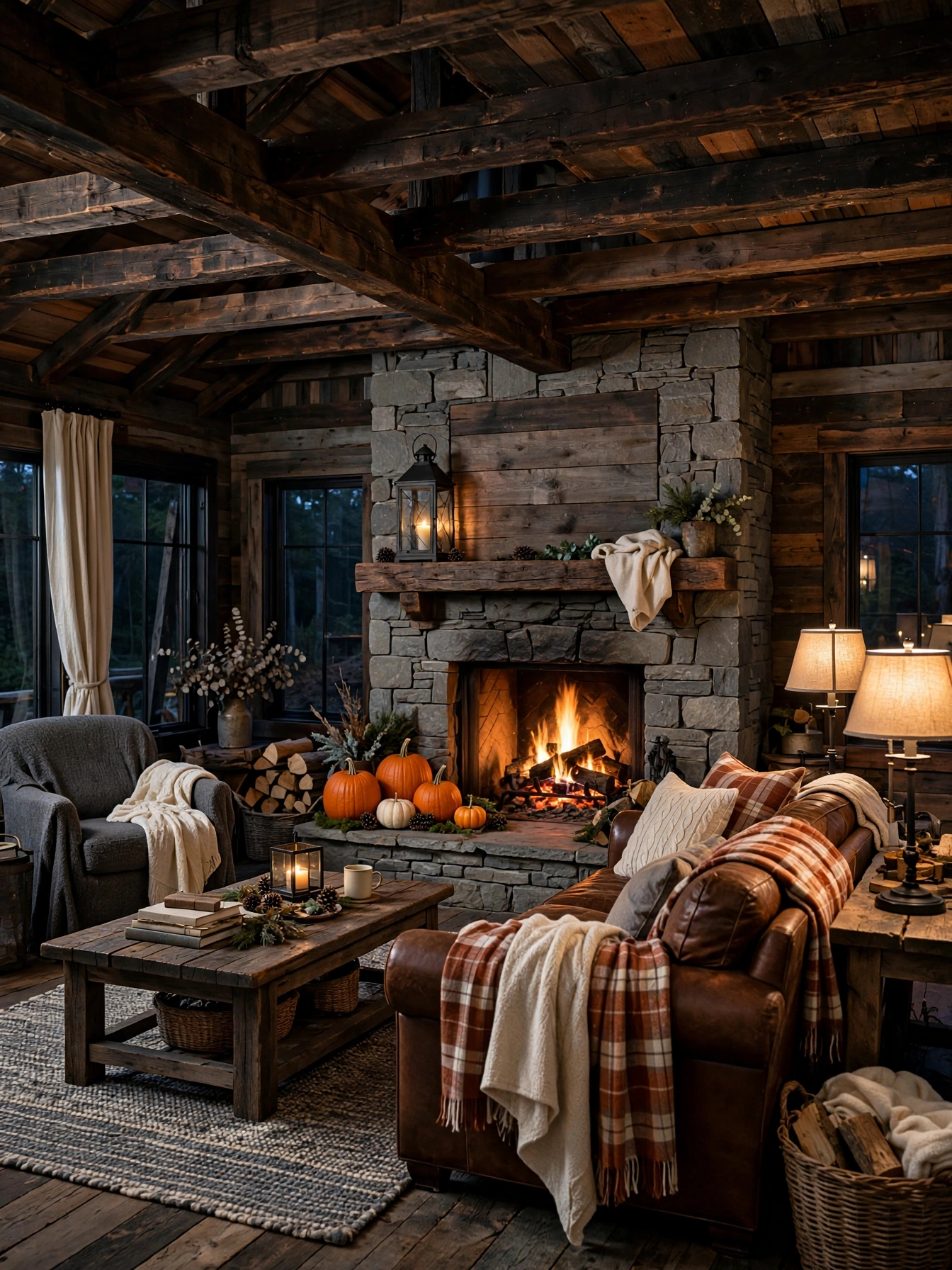 A rustic living room with wood beams, plaid throws and a stone fireplace glowing warm, a rustic fall living room decor ideas for autumn 2026.