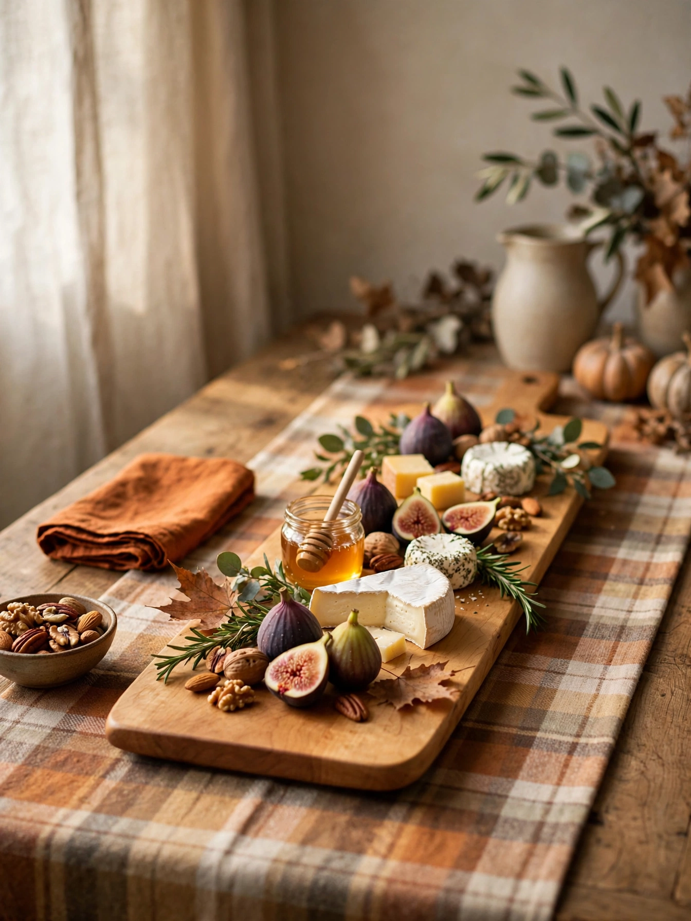 Long maple serving board with cheese, figs, and honey on a dining table styled for a fall gathering.