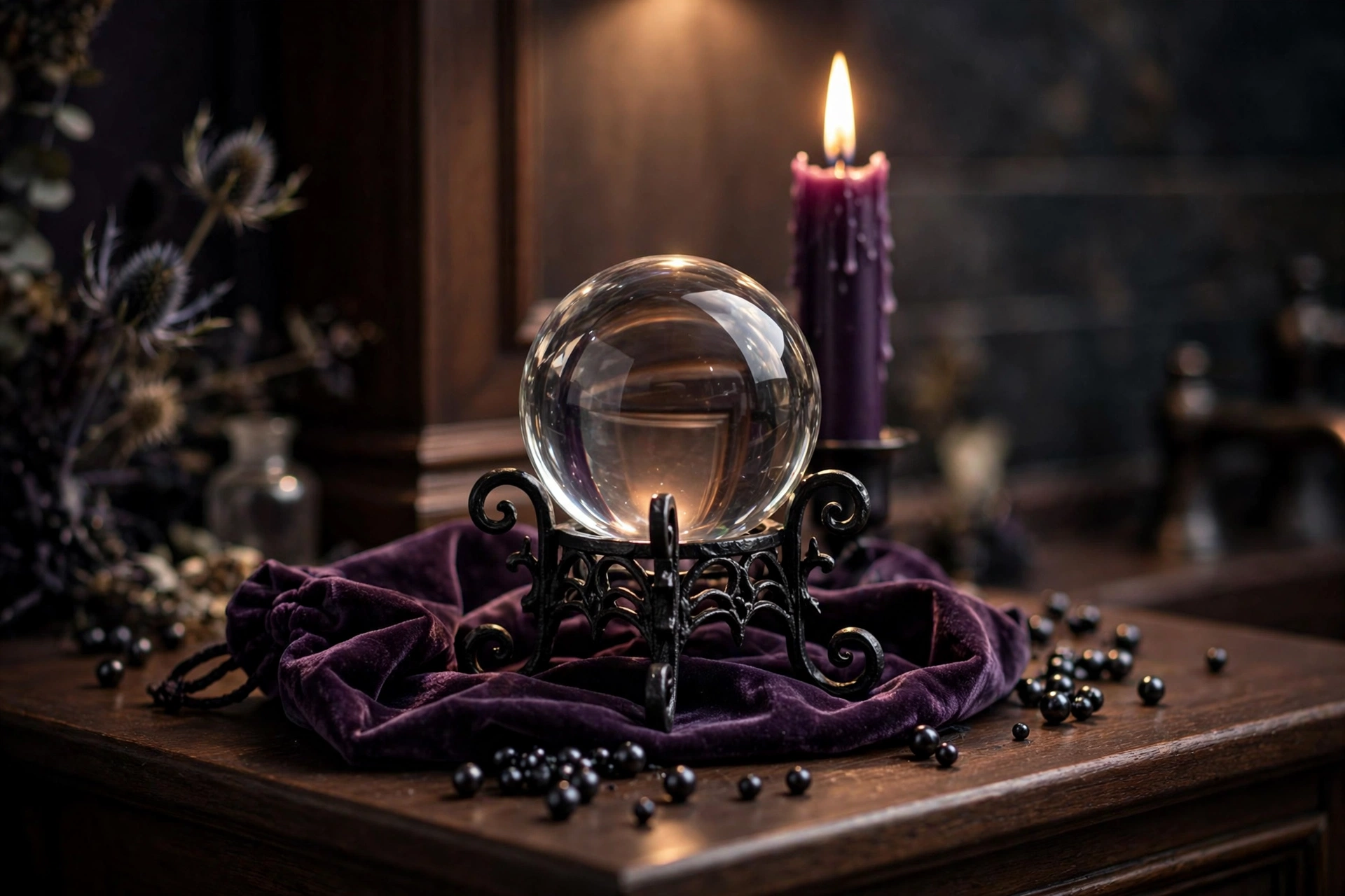 Crystal ball vanity accent in a Halloween bathroom