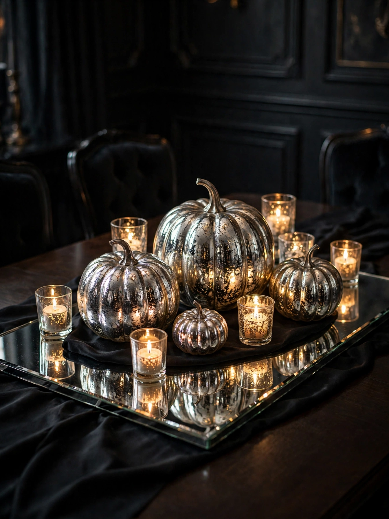 A cluster of silver mercury glass pumpkins in different sizes on a mirrored tray, reflecting candlelight on a dining table