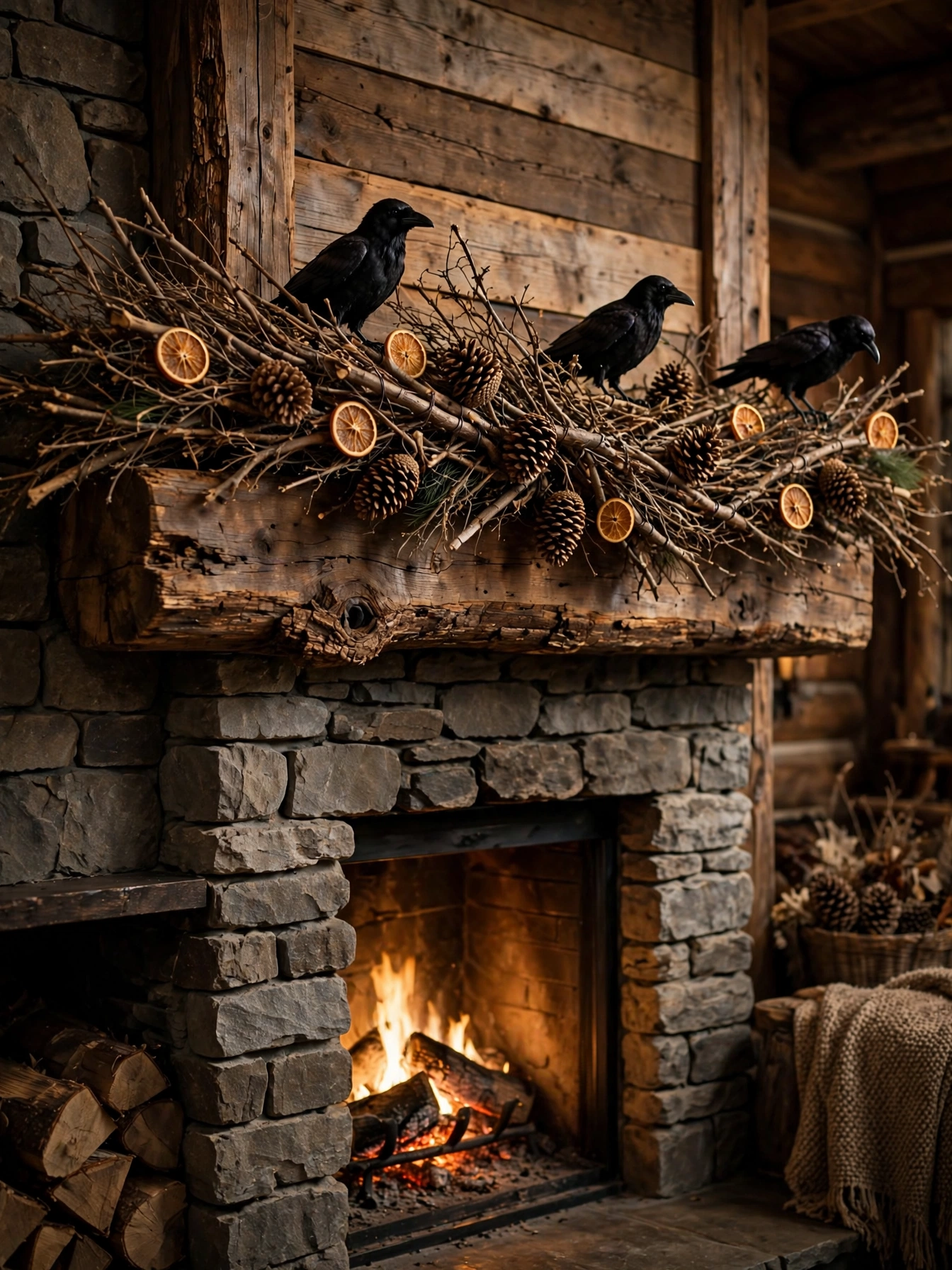 A rustic Halloween mantel wrapped in a thick twig and dried branch garland with pinecones, dried orange slices, and small ...