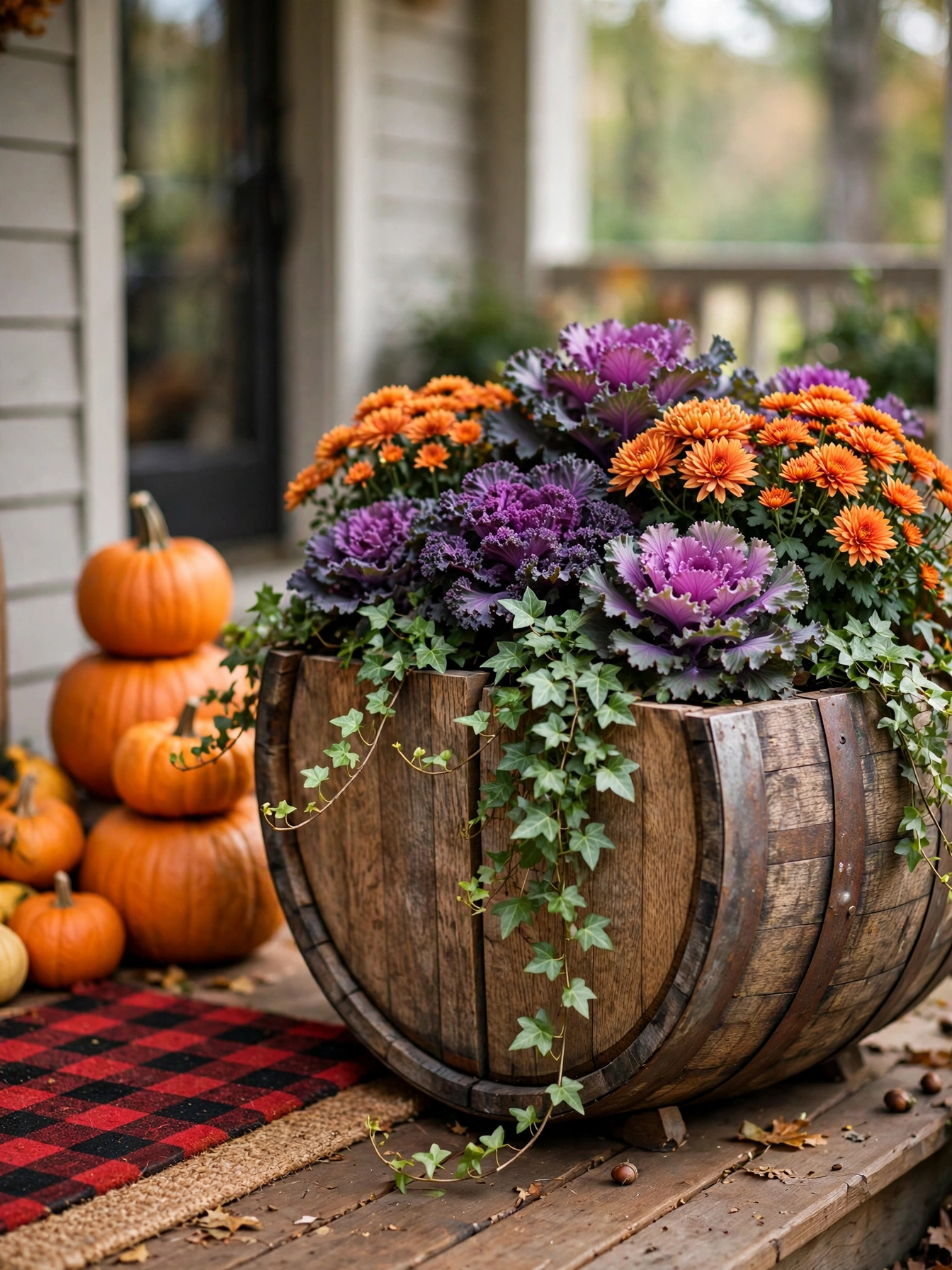 A half oak whiskey barrel planter with mums and kale on a front porch, one of the vintage fall decor ideas for autumn 2026.