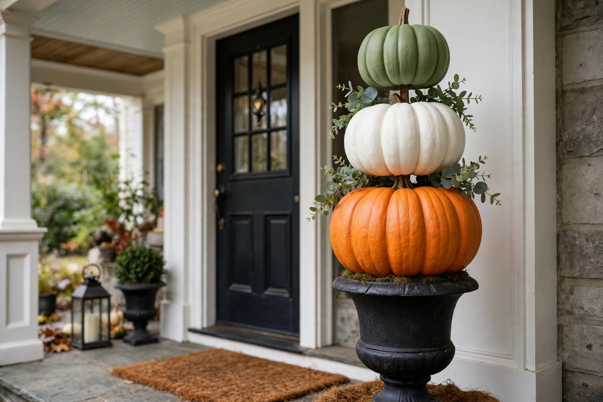 A pumpkin topiary stack: three faux pumpkins in graduating sizes stacked on a black urn planter beside a front door