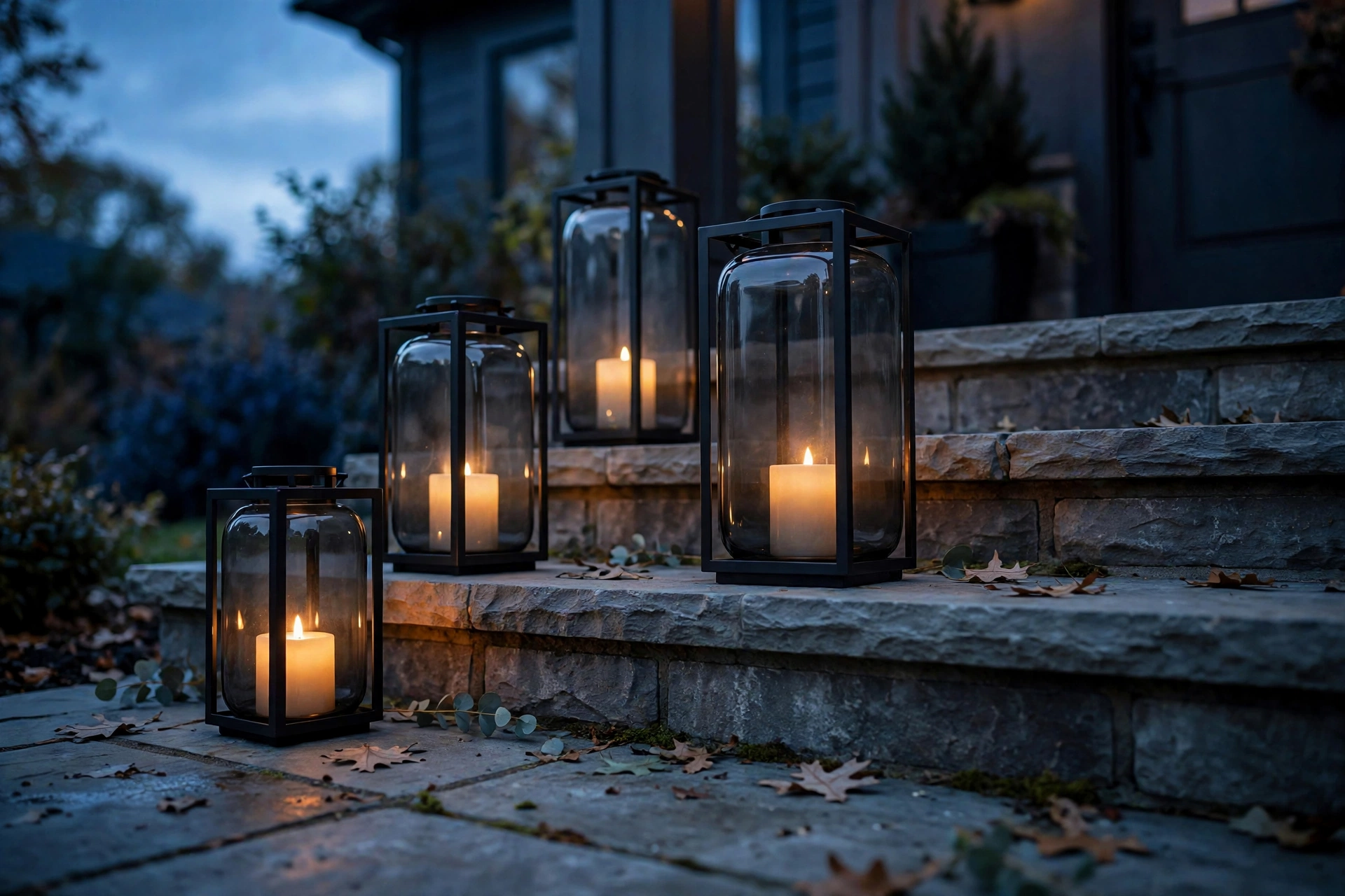 Smoky glass lanterns glowing on steps, elegant Halloween lighting idea 2026