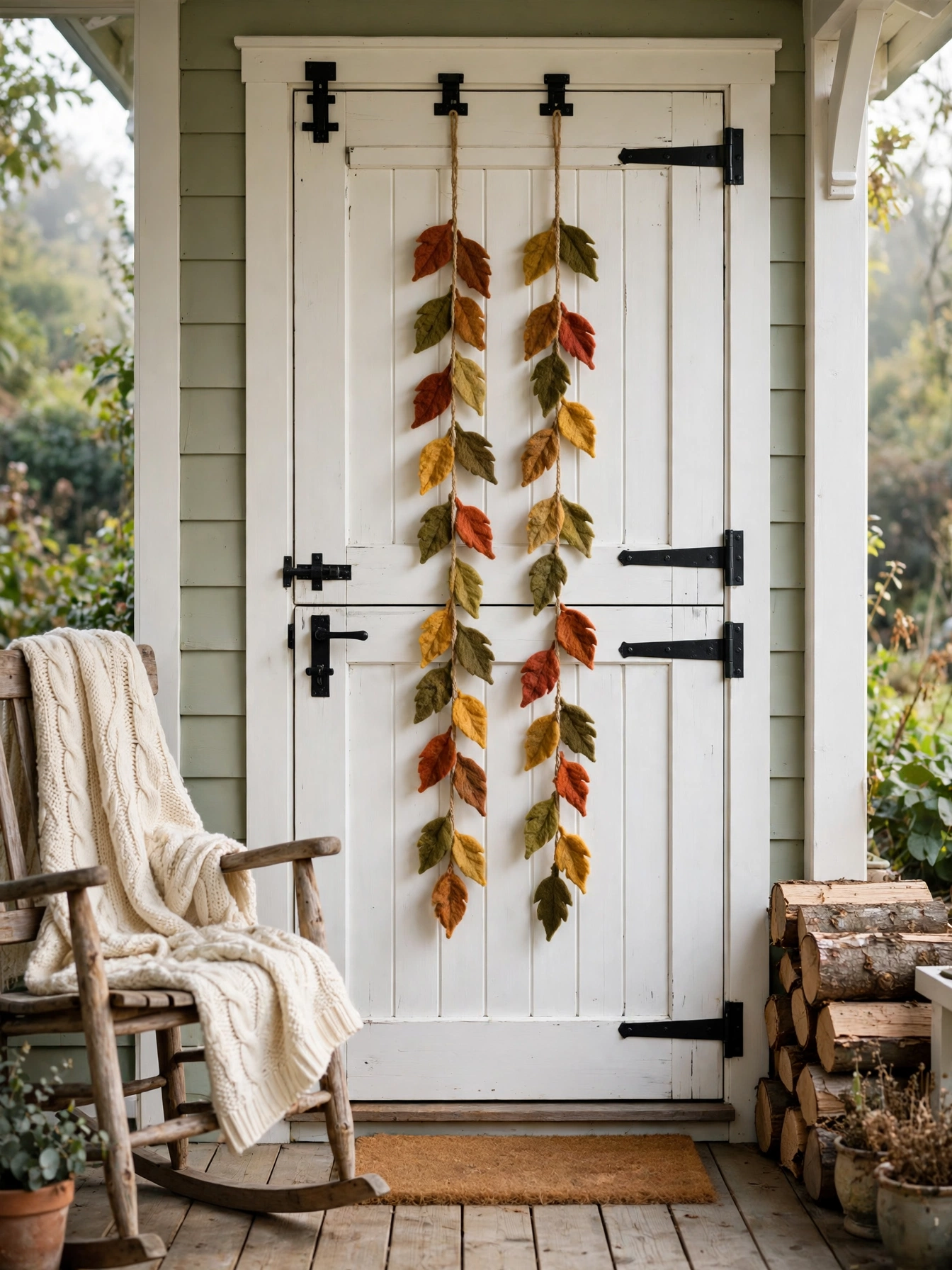 A vertical wool felt leaf garland in rust and mustard on a white Dutch door, a handcrafted choice in this fall door hangers ideas for autumn 2026 guide.