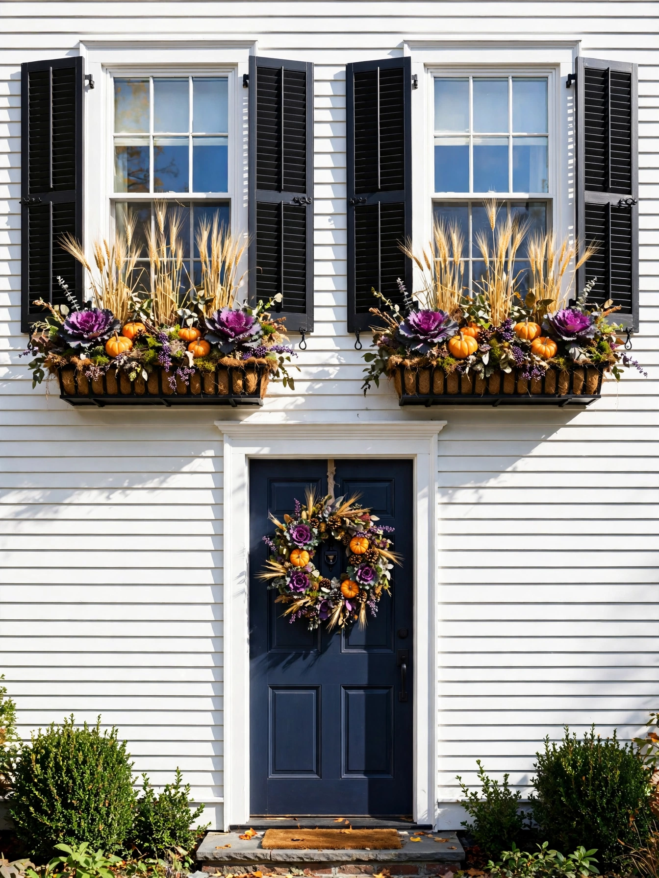 Black window boxes planted with kale, mini pumpkins and wheat under front windows, extending these fall front door decor ideas for autumn 2026 across the facade.