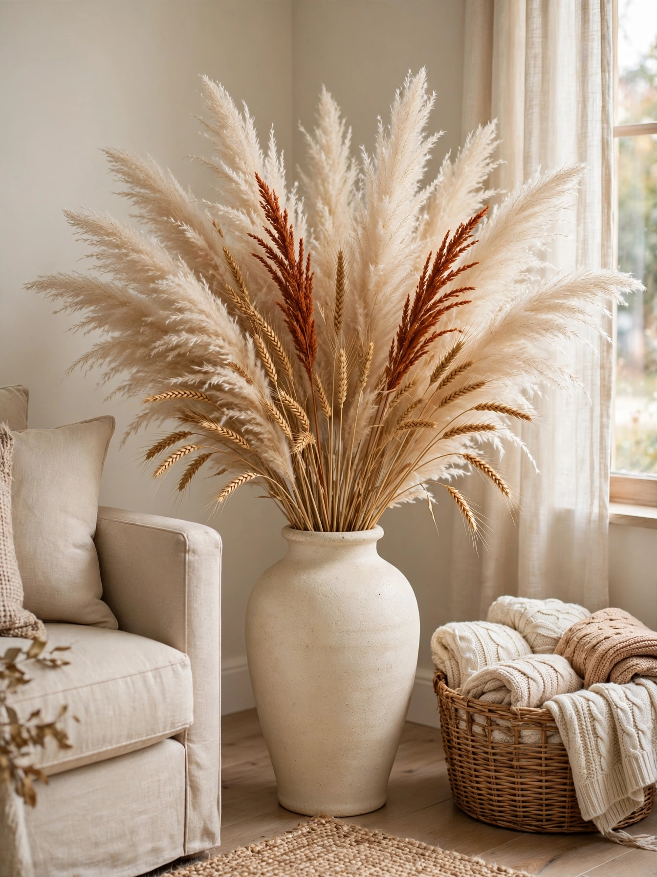 A tall stoneware vase with dried pampas grass and wheat in a living room corner, an airy fall living room decor ideas for autumn 2026.