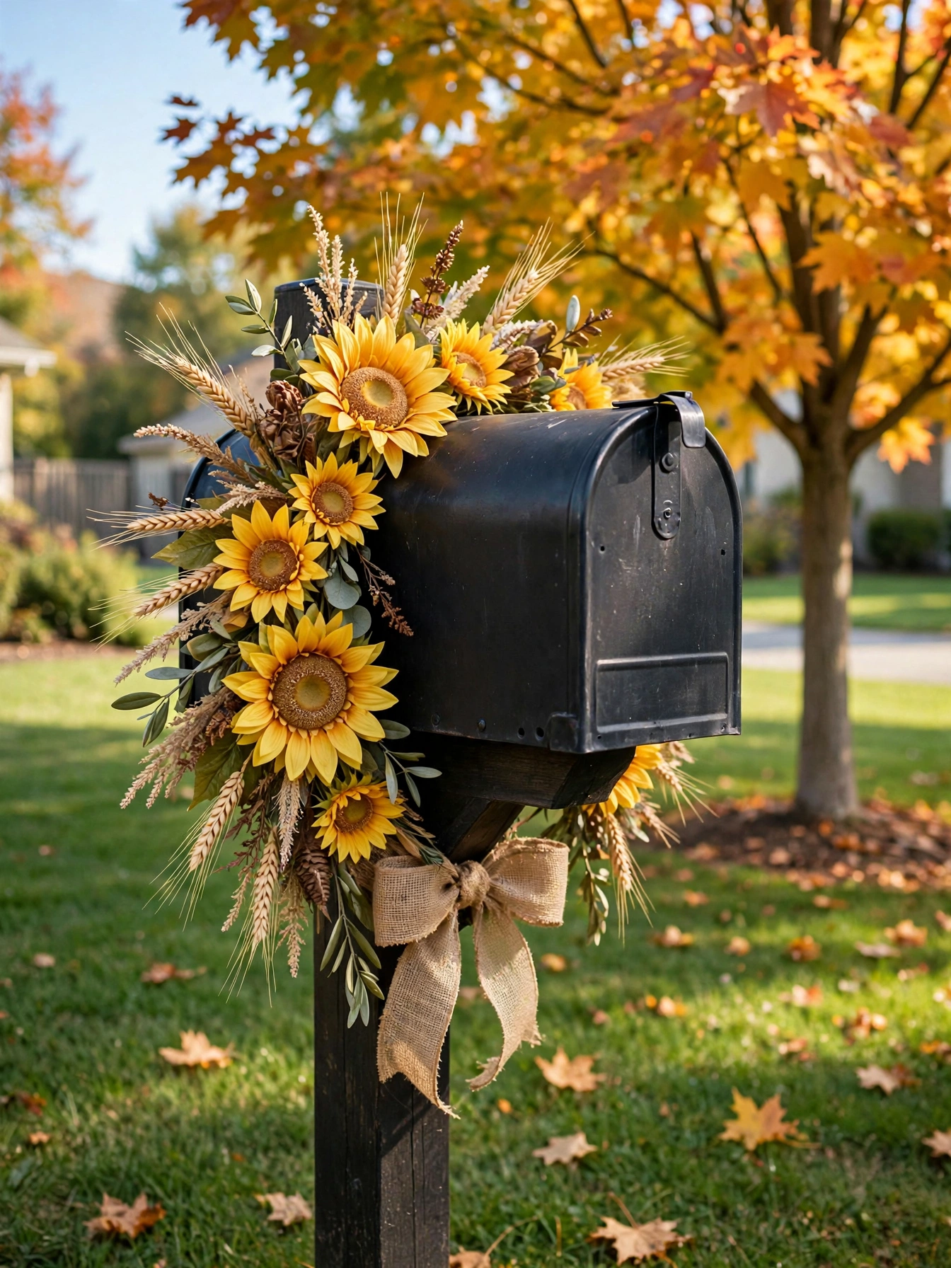 A mailbox dressed with a sunflower and wheat swag tied with burlap ribbon, a cheerful curb detail in these fall outdoor decor ideas for autumn 2026.