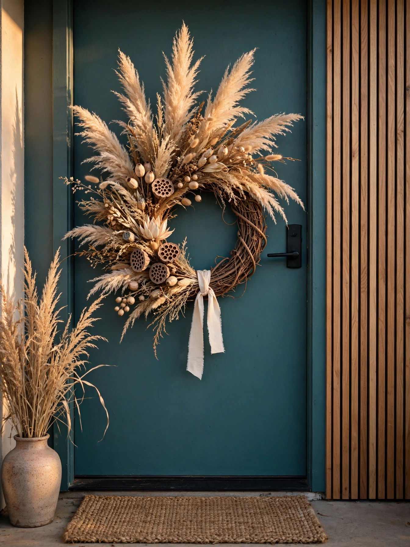 Tall pampas plumes, lotus pods and dried grasses on a thick grapevine base, a wild organic take among fall wreath ideas for autumn 2026, on a teal door.