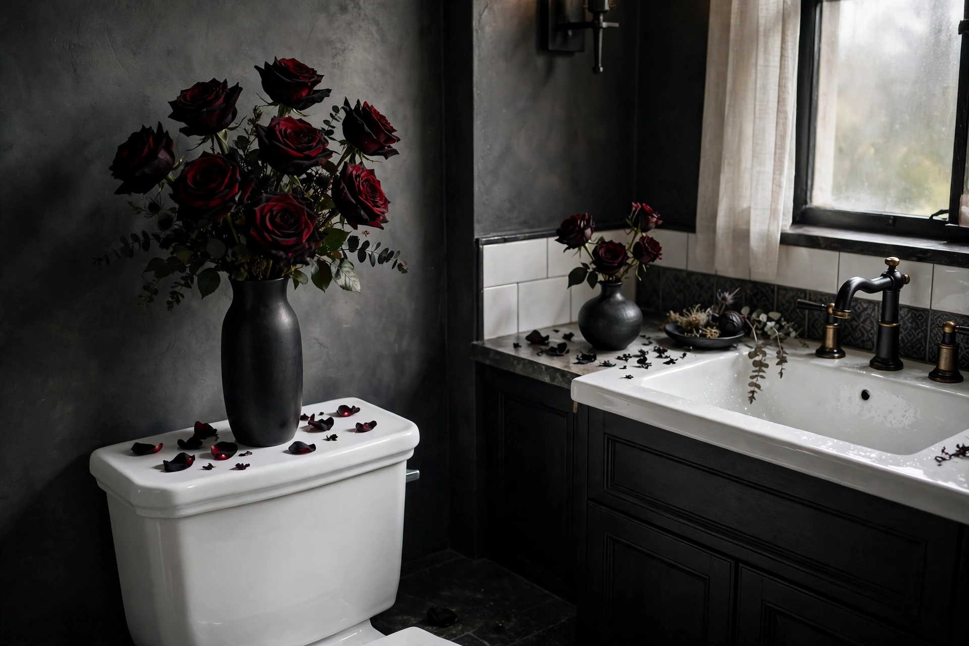 Black rose arrangements in a Halloween bathroom