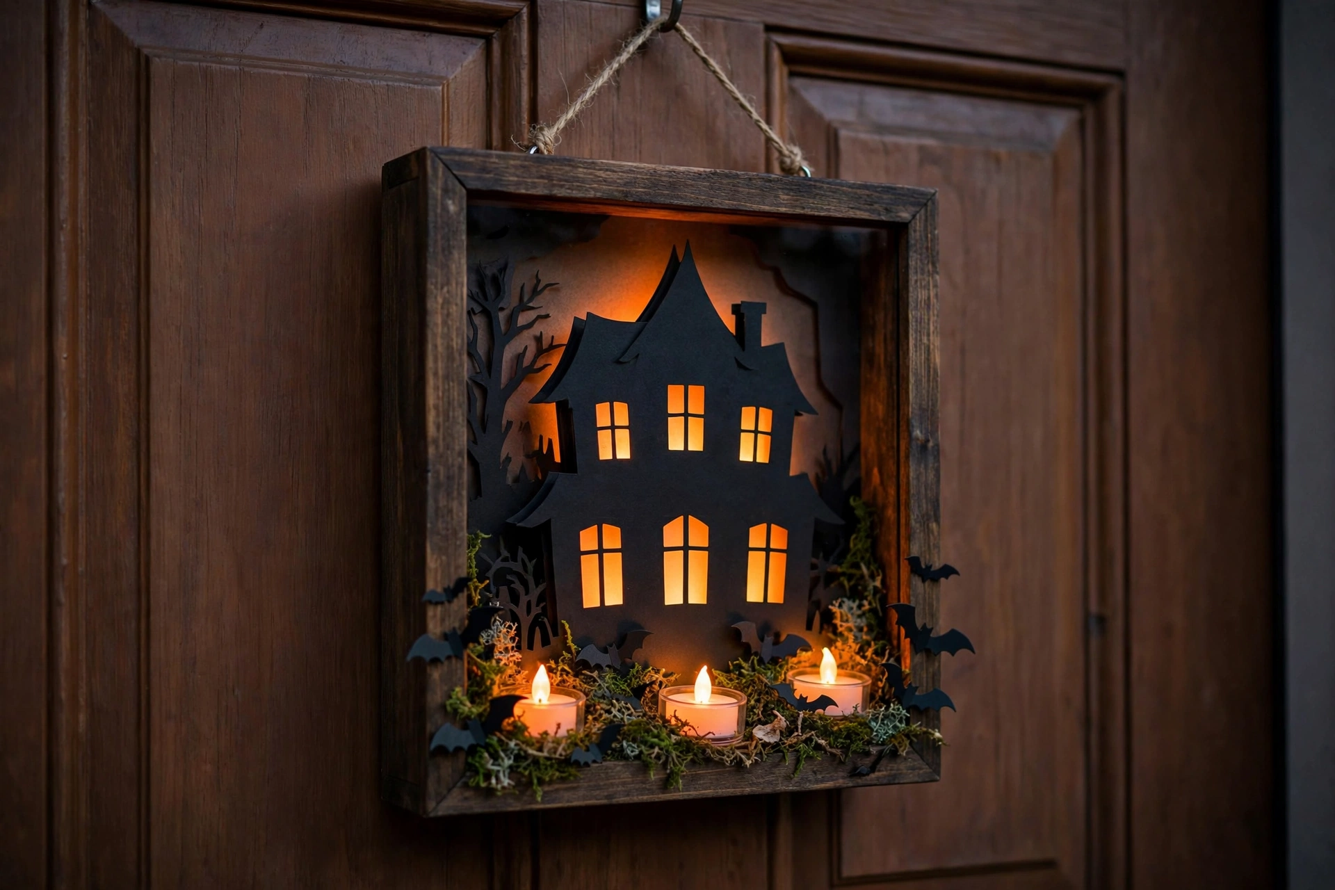 A haunted house shadow box door decoration