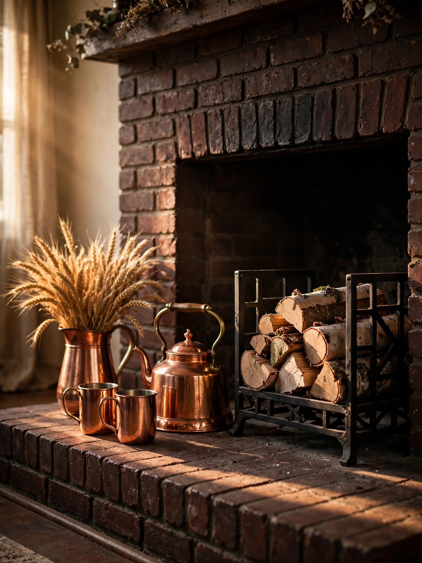 A fireplace hearth styled with a gleaming copper kettle, copper mugs, and a small stack of firewood in a black metal log h...