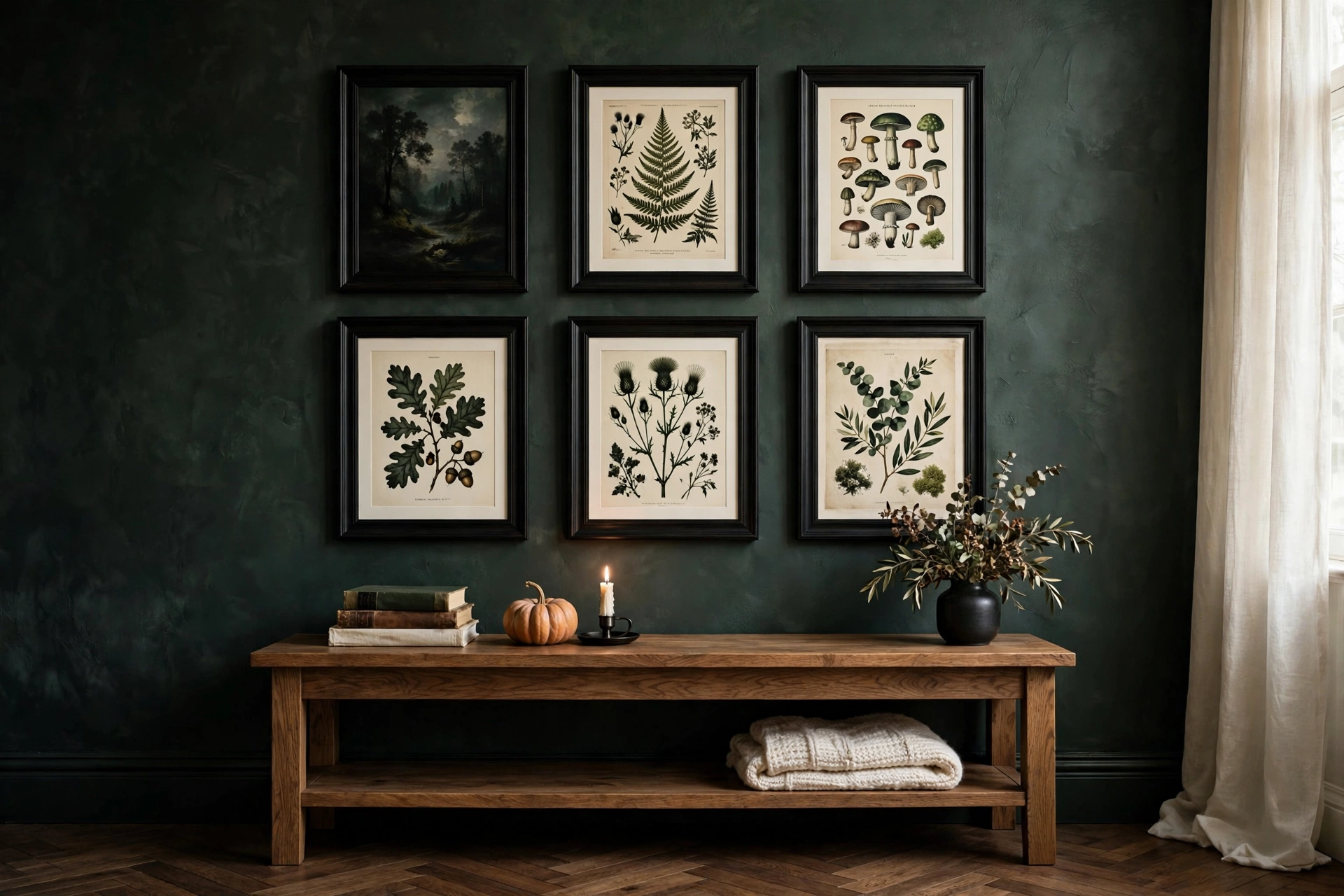A living room wall with a gallery of black framed botanical prints and dark moody artwork above a console table
