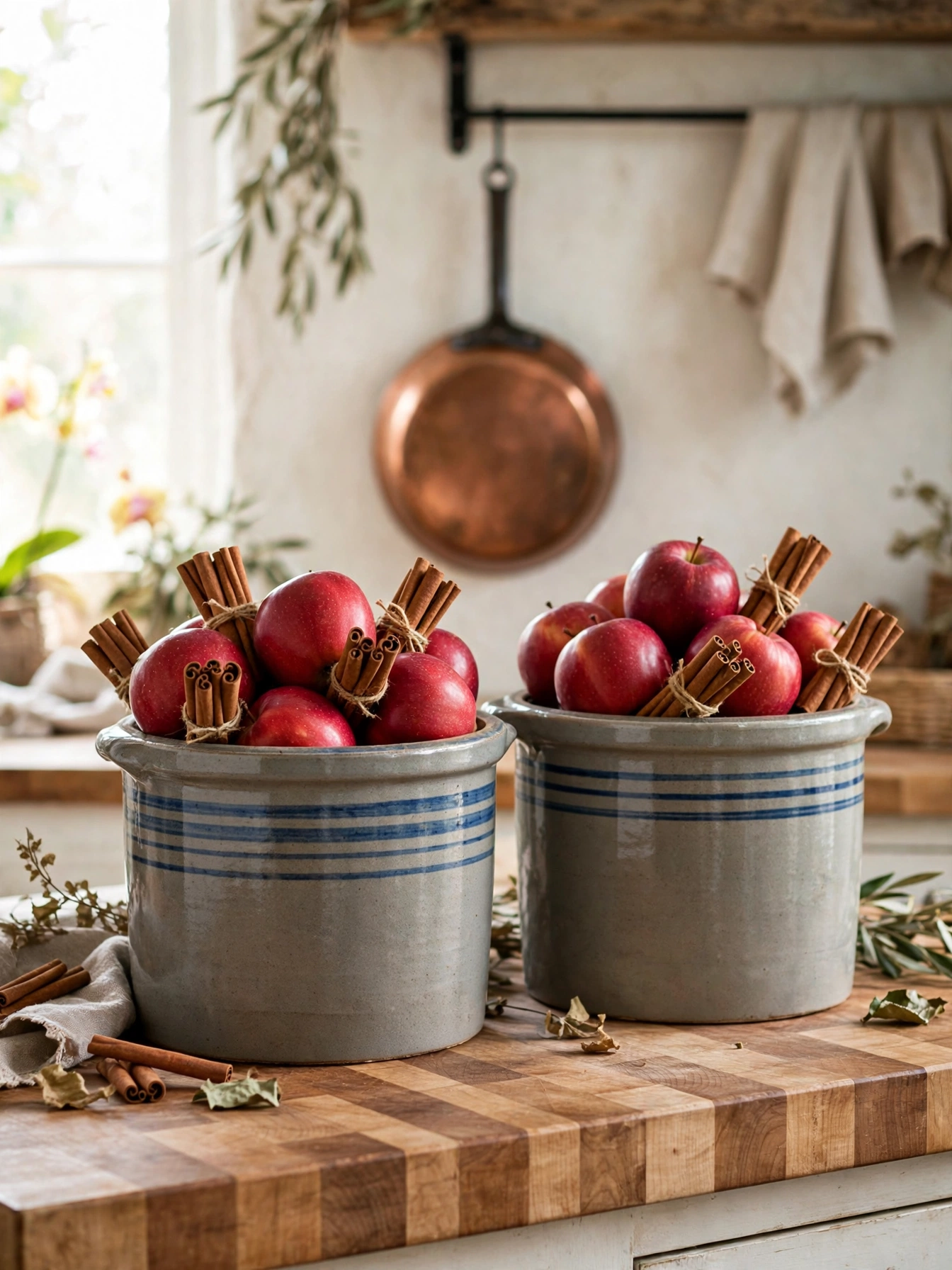 Gray stoneware crocks filled with red apples and cinnamon sticks on a counter, one of the vintage fall decor ideas for autumn 2026.
