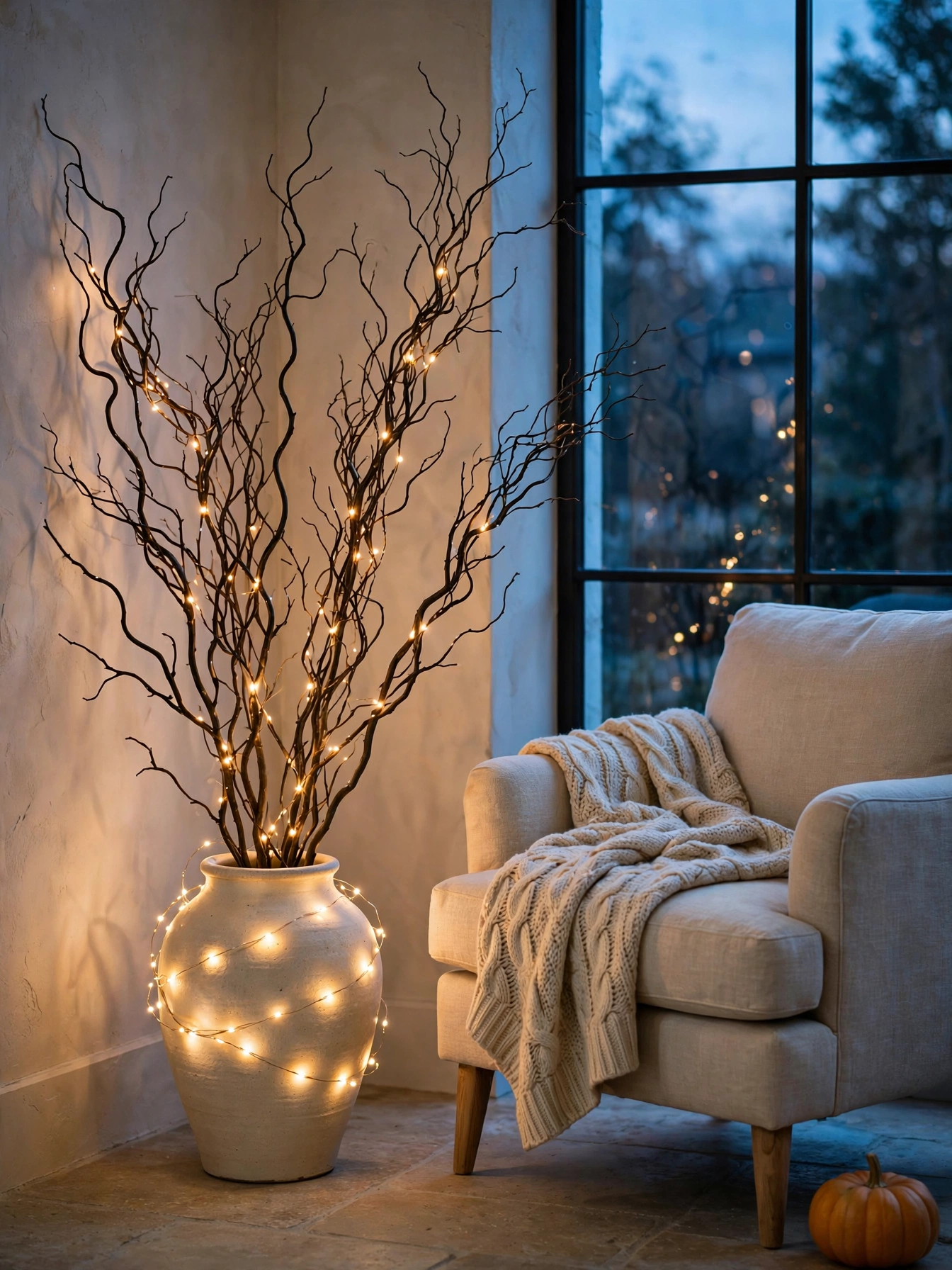 Tall bare branches wrapped with fairy lights in a stoneware vase beside an armchair, a sculptural diy fall decor ideas for autumn 2026.