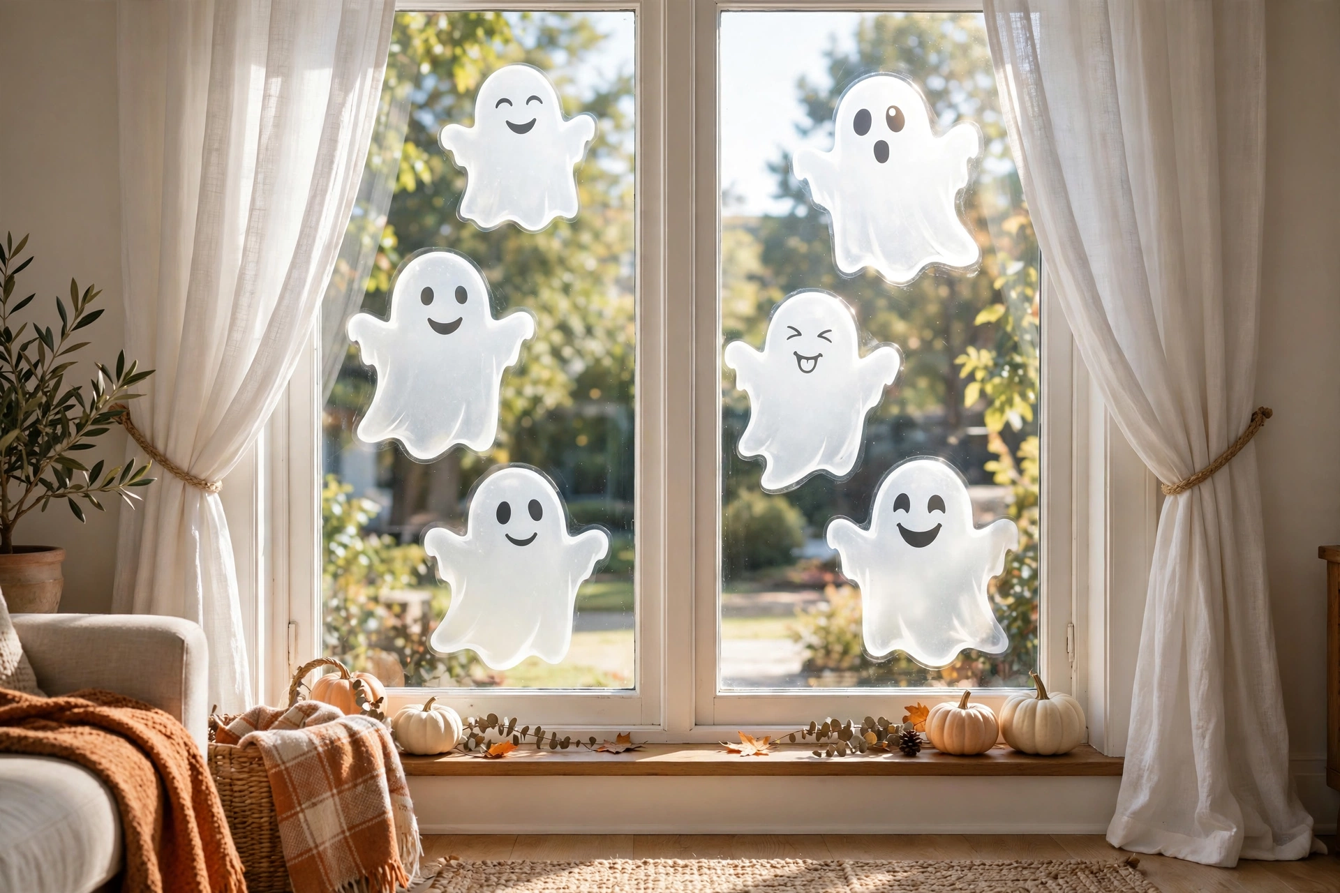 A living room window decorated with ghost shaped window clings visible from inside, daylight glowing through the white shapes
