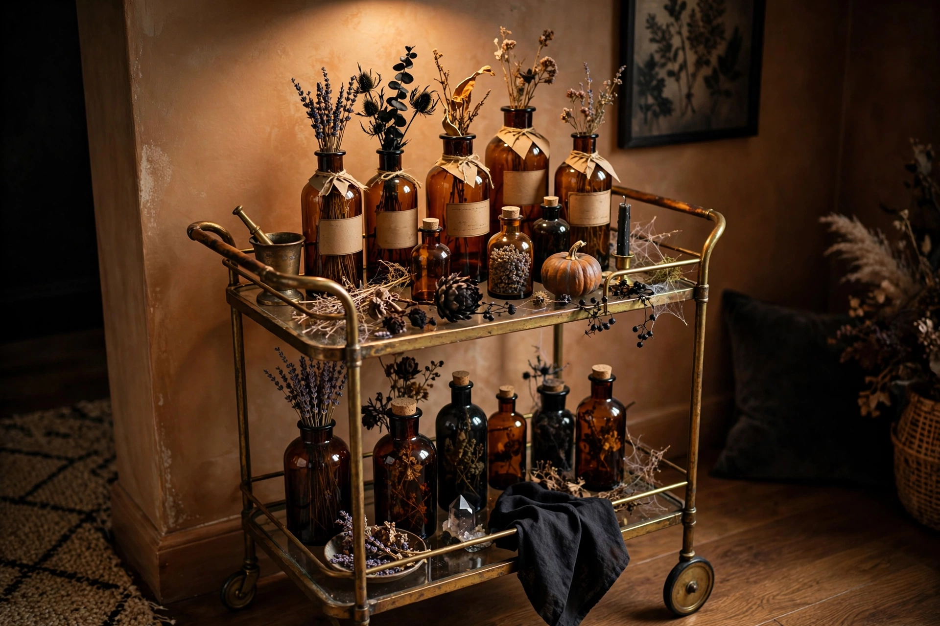 Vintage potion bottles styled on a bar cart, elegant Halloween decor 2026