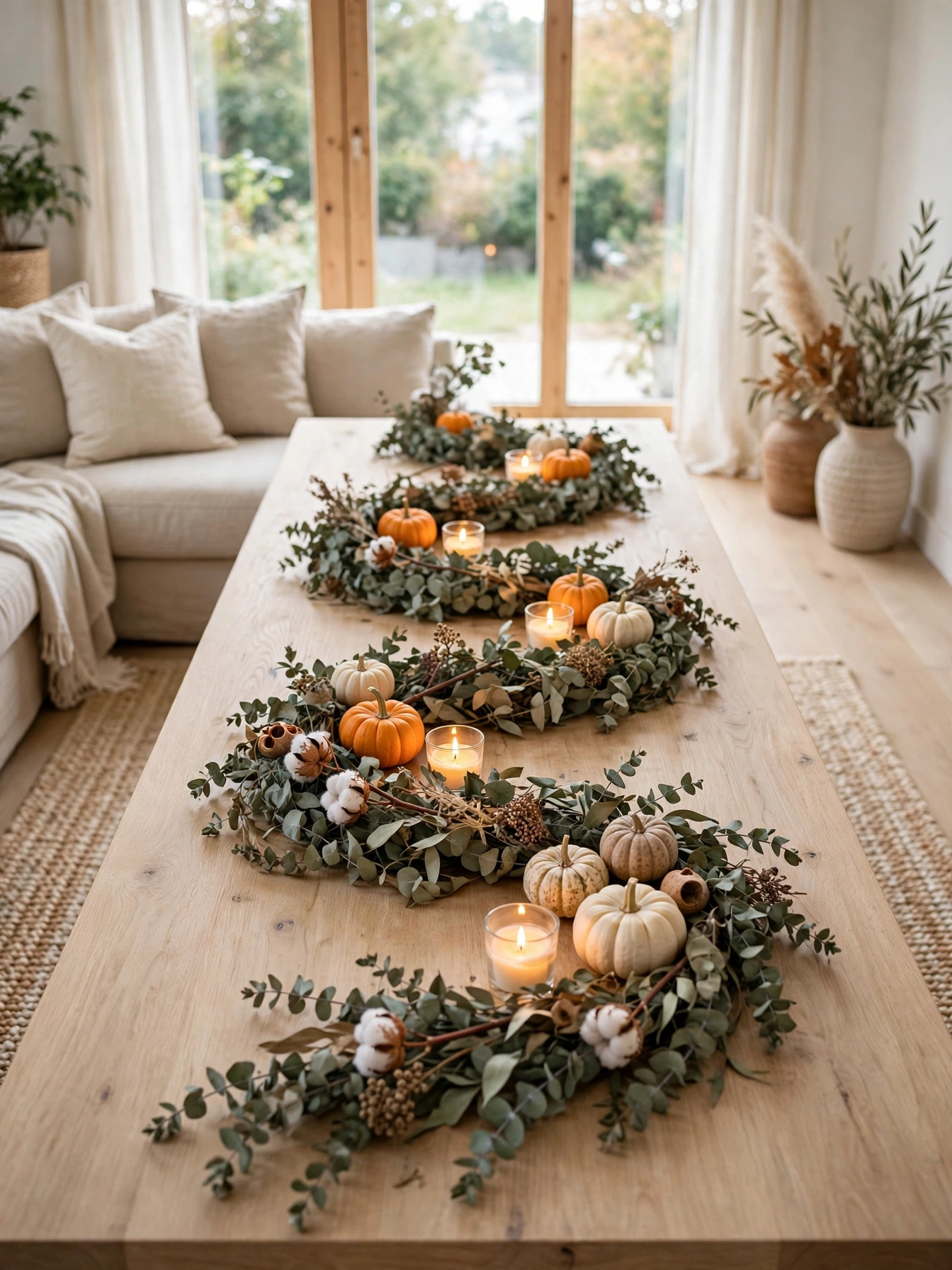 A trailing garland of eucalyptus and dried leaves winding across a coffee table, a fresh botanical line in these fall coffee table decor ideas for autumn 2026.