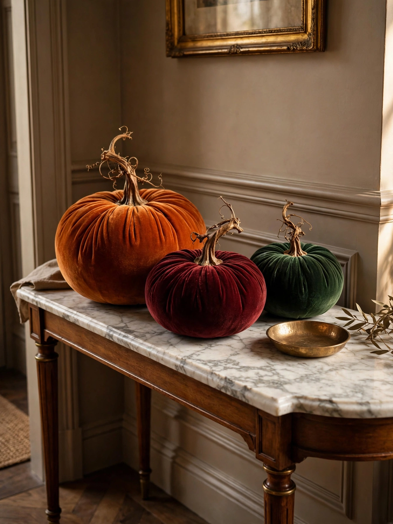 Fall entry table decor ideas for autumn 2026: three velvet pumpkins in burnt orange, burgundy and forest green on a marble-top console.