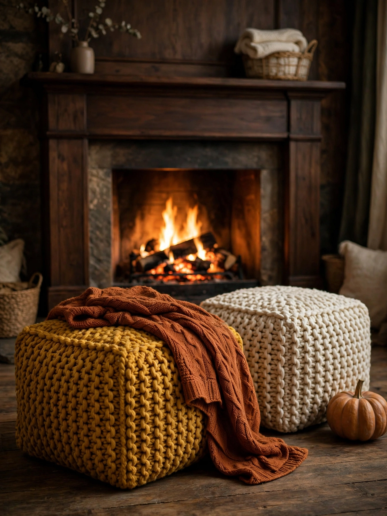Two knit poufs in mustard and cream by a fireplace with a throw draped over one, a cozy fall living room decor ideas for autumn 2026.