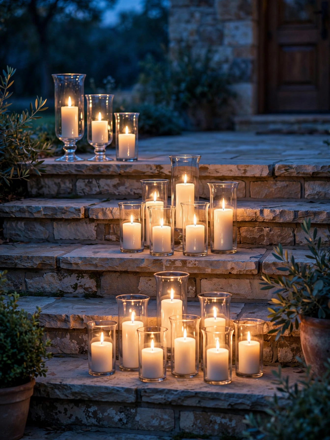 Hurricane glass candle holders clustered on porch steps glowing at dusk, a flickering accent in these fall outdoor decor ideas for autumn 2026.