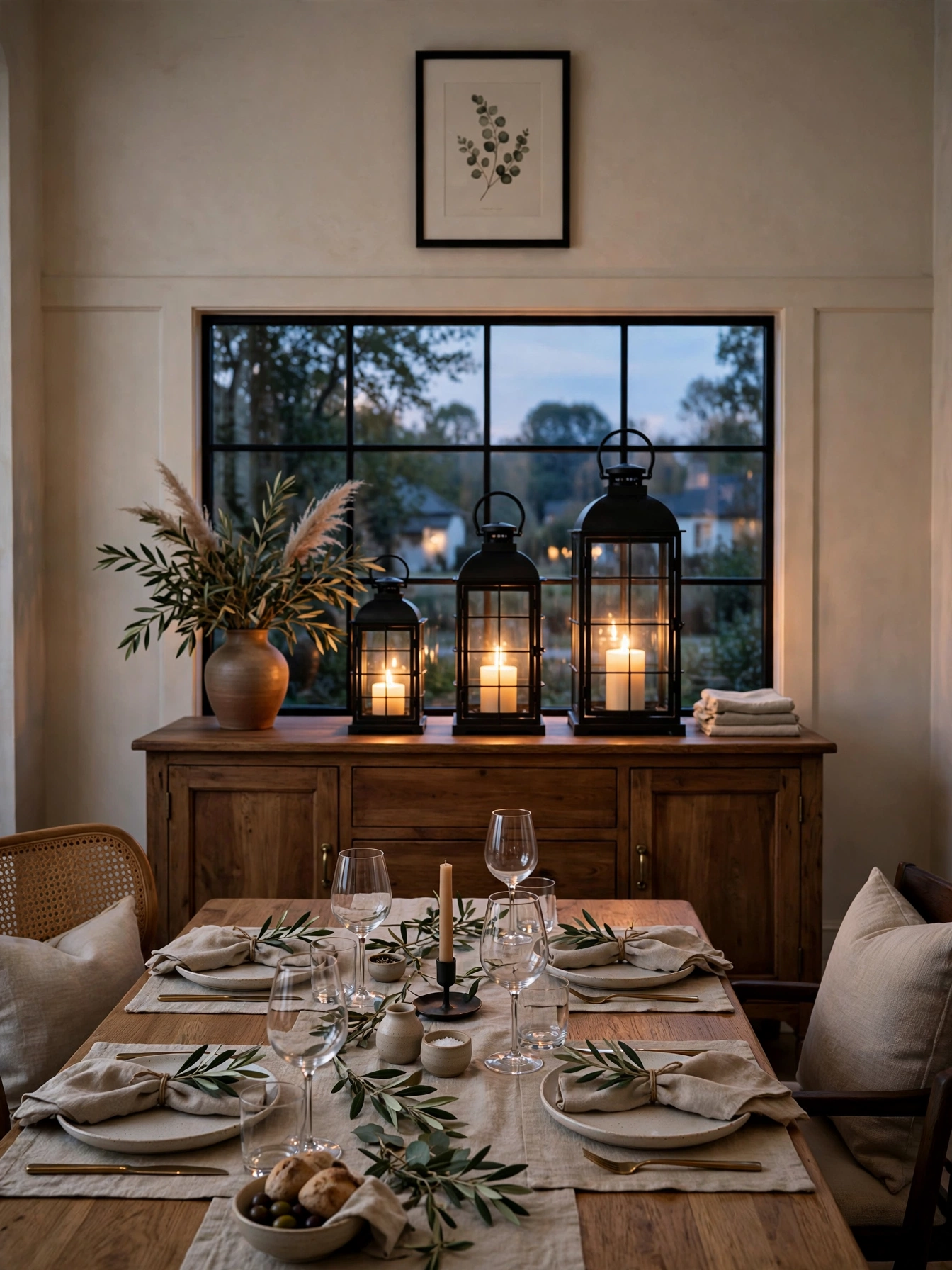 Black metal lanterns of three sizes glowing with flameless candles on a wooden sideboard behind a dining table.
