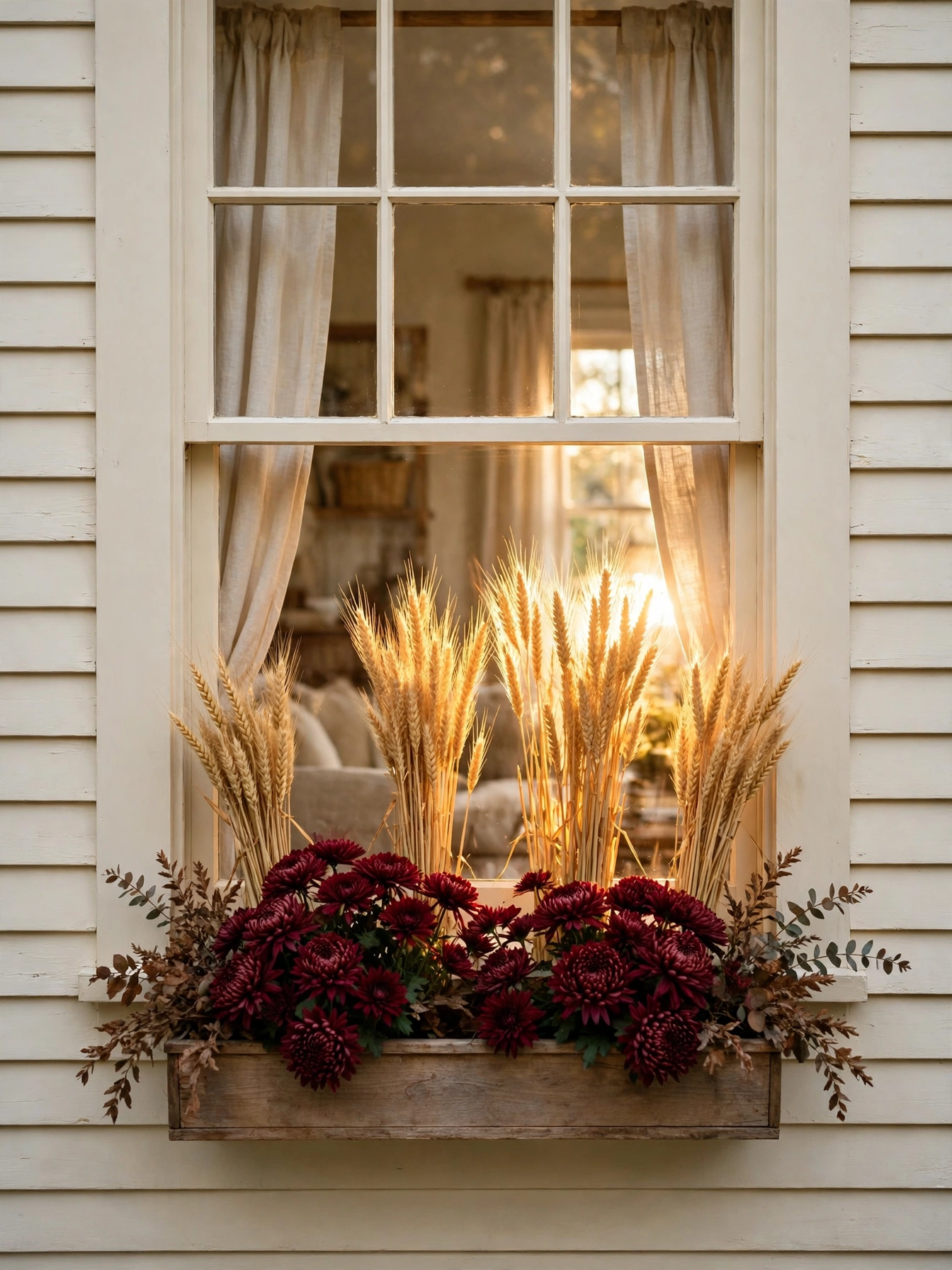 A window box with golden dried wheat bundles rising behind burgundy mums at golden hour, an elegant fall window boxes for autumn 2026 idea.