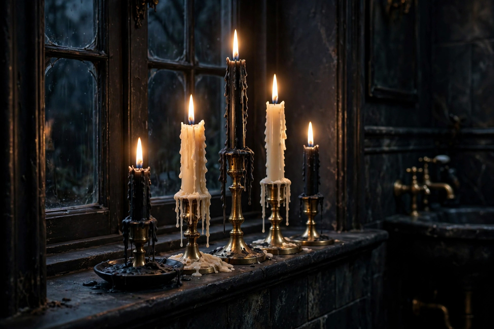 Gothic candle clusters in a Halloween bathroom