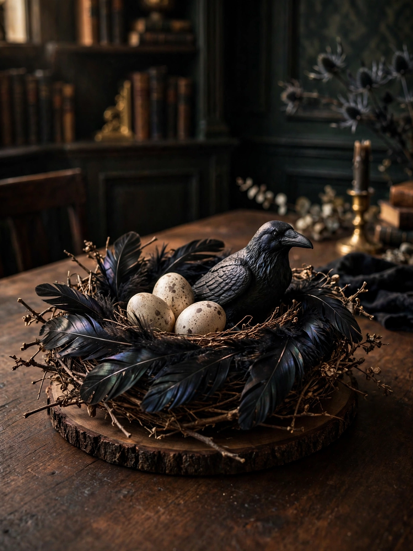 An artistic nest of black feathers holding a matte black raven figurine and speckled eggs on a slice of dark wood on a din...