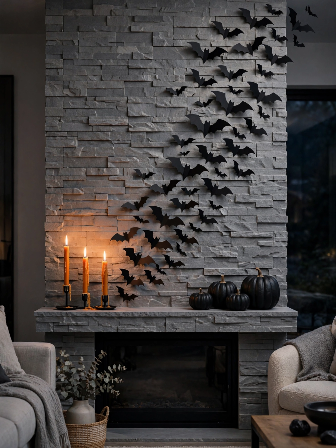 A Halloween mantel with dozens of black paper bats in various sizes appearing to fly up the chimney breast above a gray st...