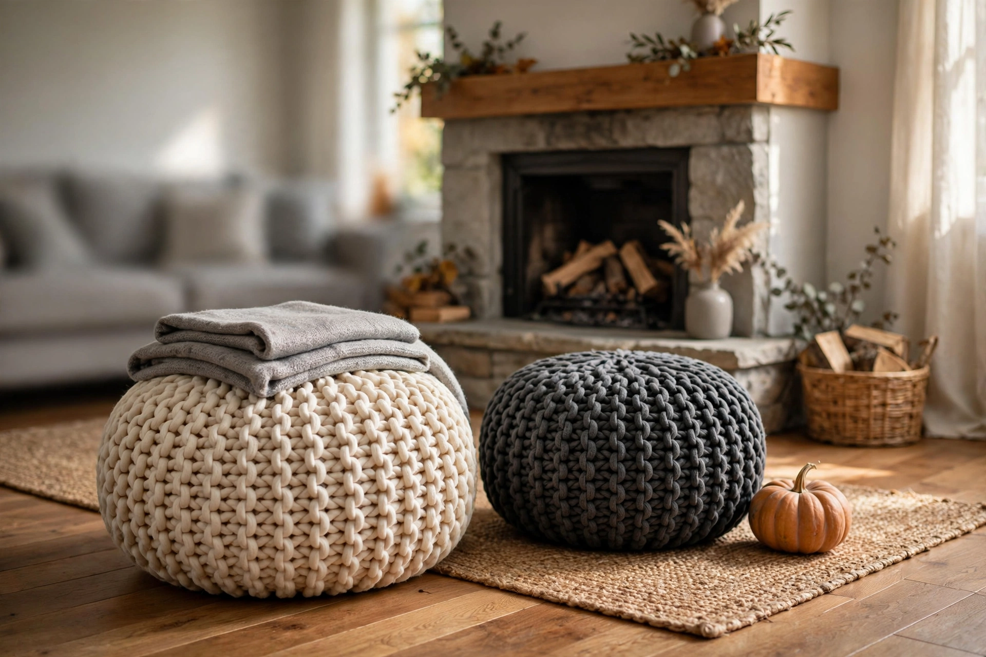 Two chunky knit poufs in cream and charcoal beside a living room fireplace