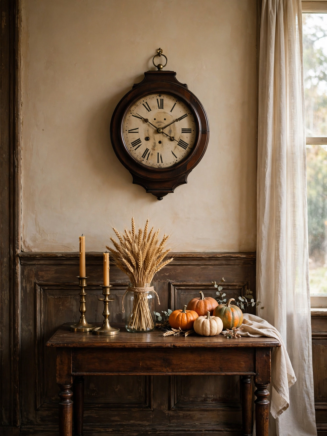 An antique round wall clock above a console table styled with pumpkins and wheat, one of the vintage fall decor ideas for autumn 2026.
