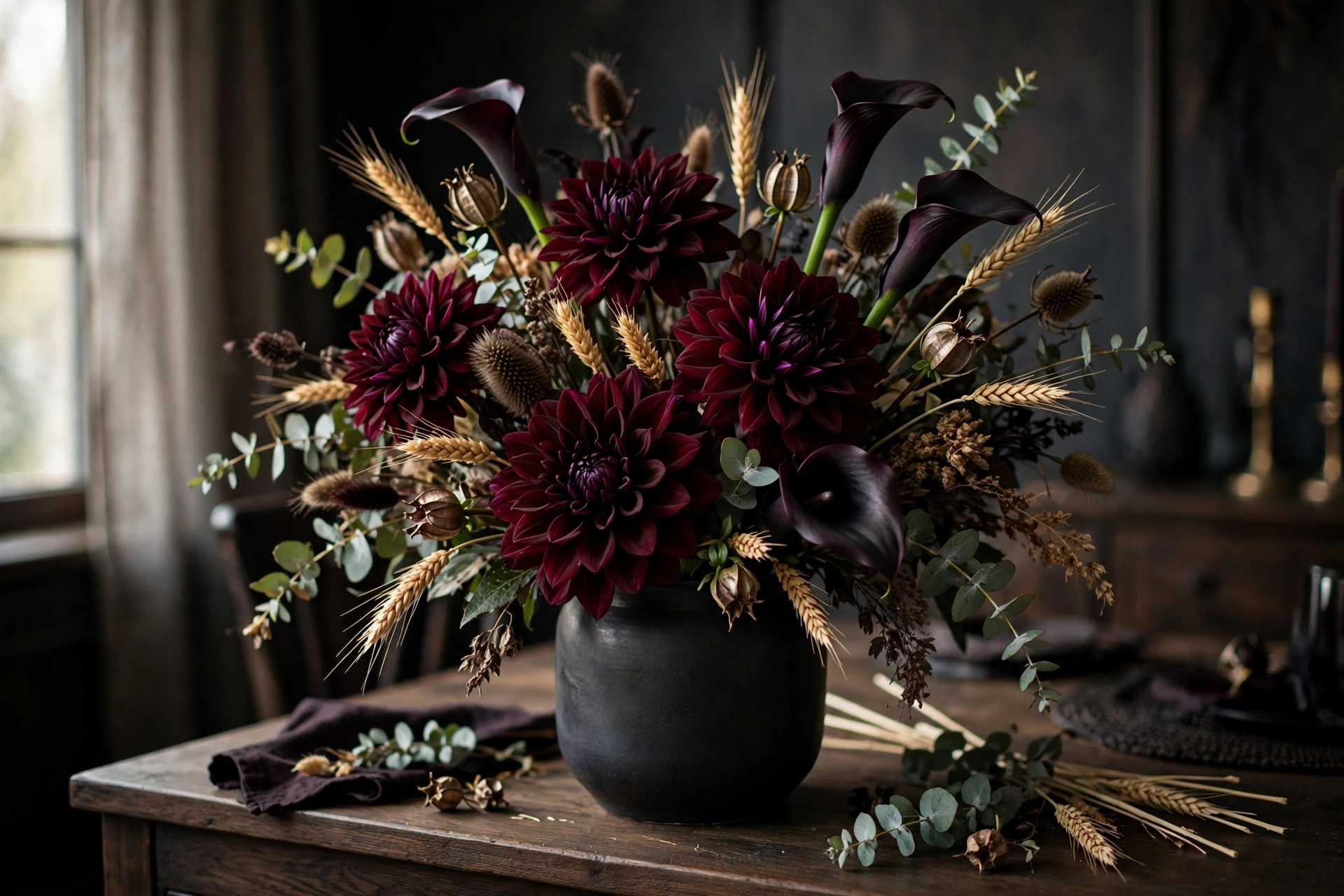 Dark burgundy floral arrangement in a black vase, elegant Halloween decor idea