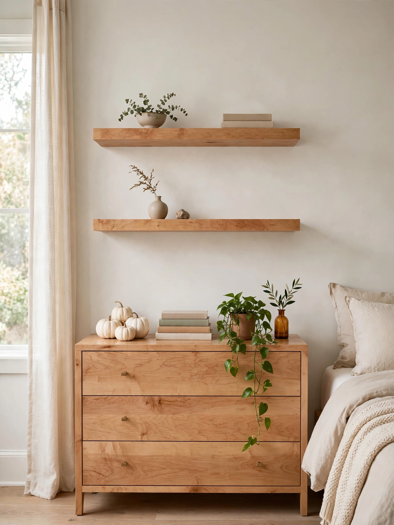 Two maple stained floating shelves above a bedroom dresser styled with small pumpkins, books, and a trailing plant.