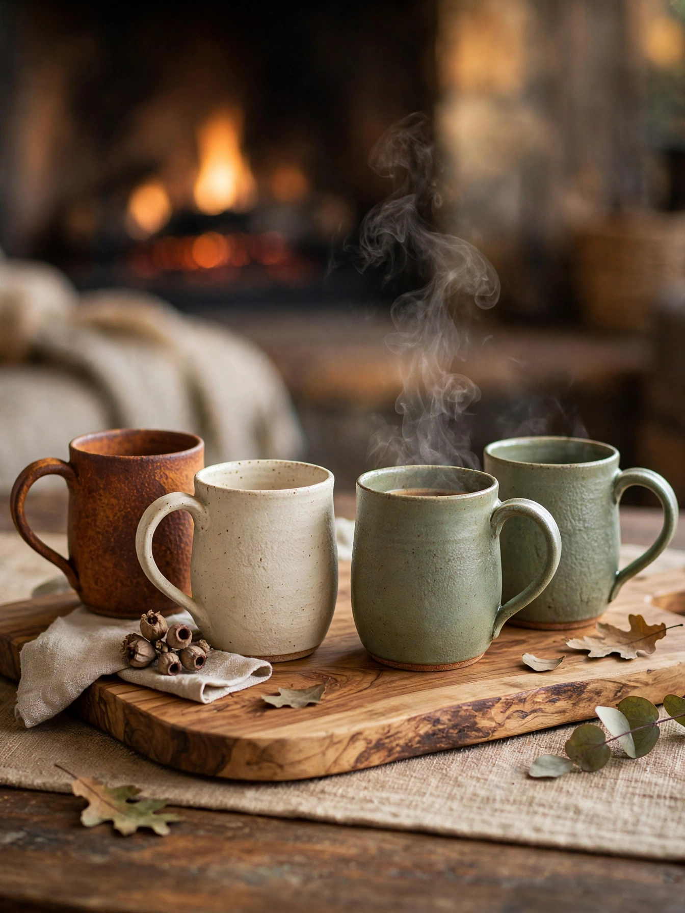 Handmade stoneware mugs in autumn glazes arranged on a wooden board, a functional display in these fall coffee table decor ideas for autumn 2026.