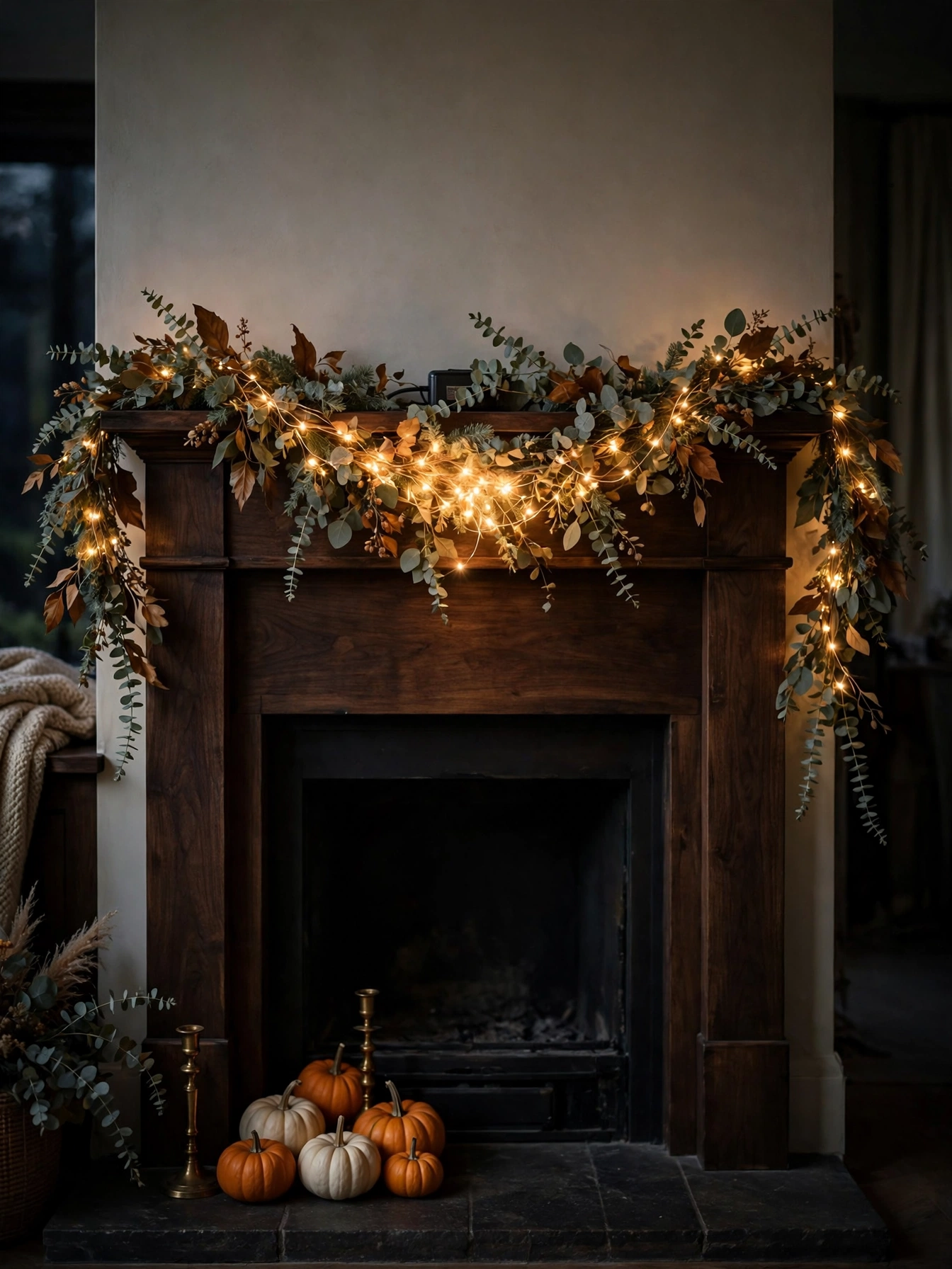 A fireplace mantel with warm string lights woven through eucalyptus garland and pumpkins on the hearth, a glowing fall living room decor ideas for autumn 2026.