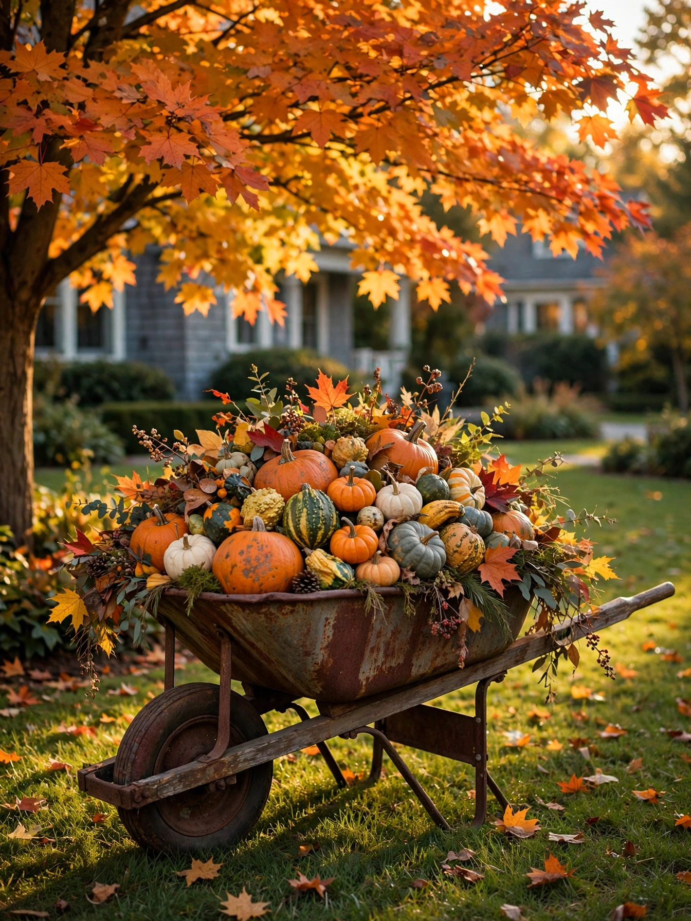 An antique wheelbarrow overflowing with pumpkins, gourds and fall foliage in a front yard, a statement piece in these fall outdoor decor ideas for autumn 2026.