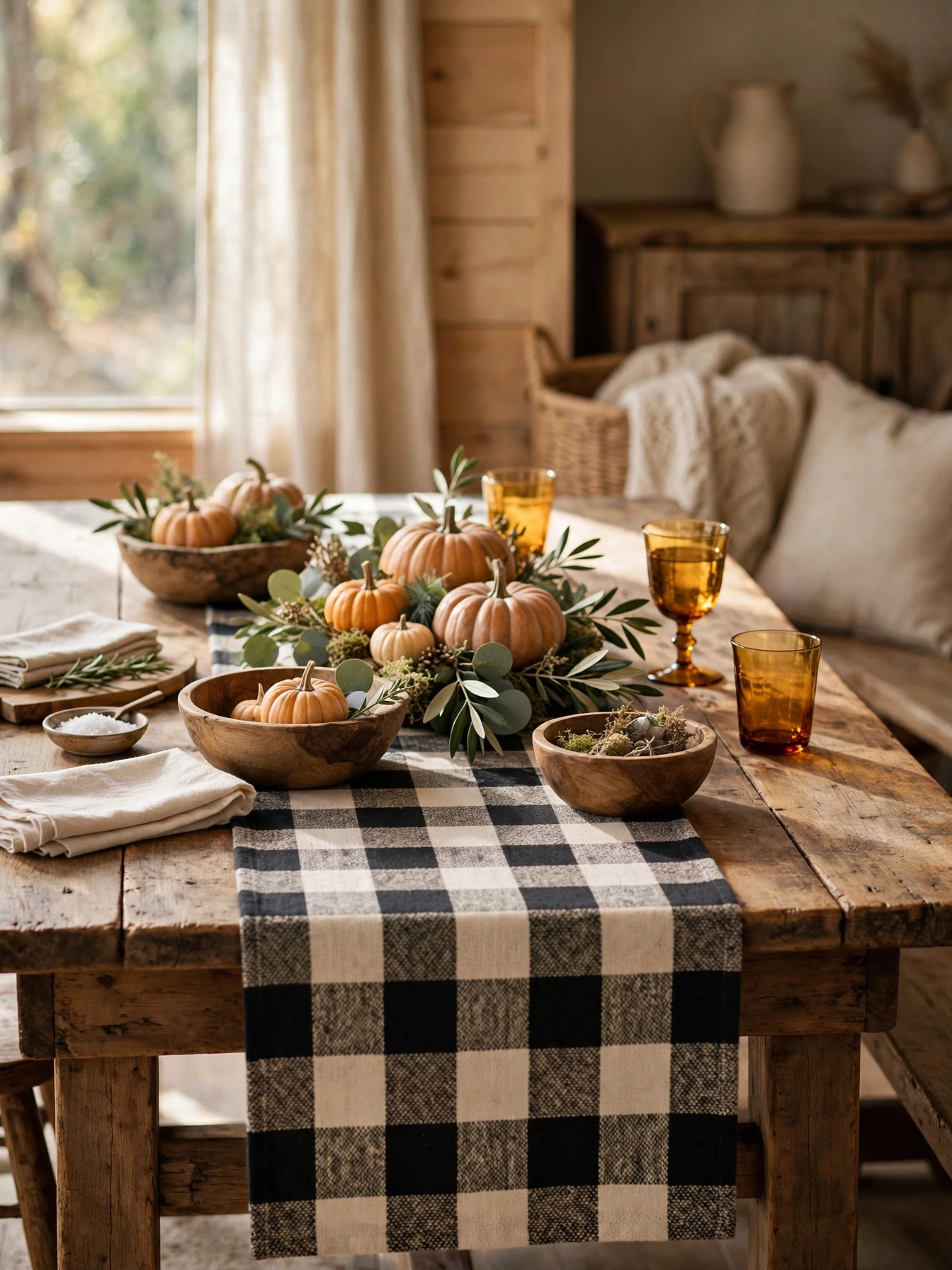 Black and cream buffalo check runner on a farmhouse table with wooden bowls and amber glassware.