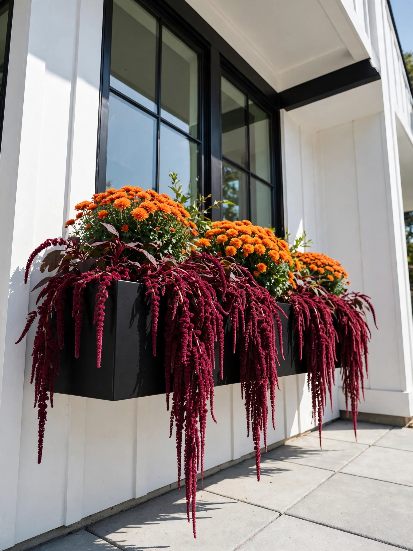 A black metal window box with burgundy amaranthus tassels cascading over orange mums on a modern home, from the fall window boxes for autumn 2026 roundup.