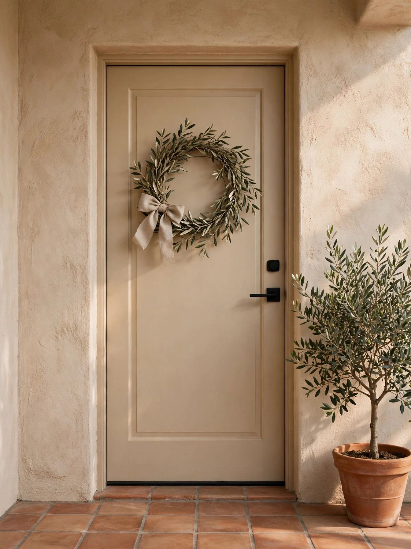 Dried olive branches with silvery leaves and a linen bow, a calm Mediterranean option among fall wreath ideas for autumn 2026, on a warm greige door.