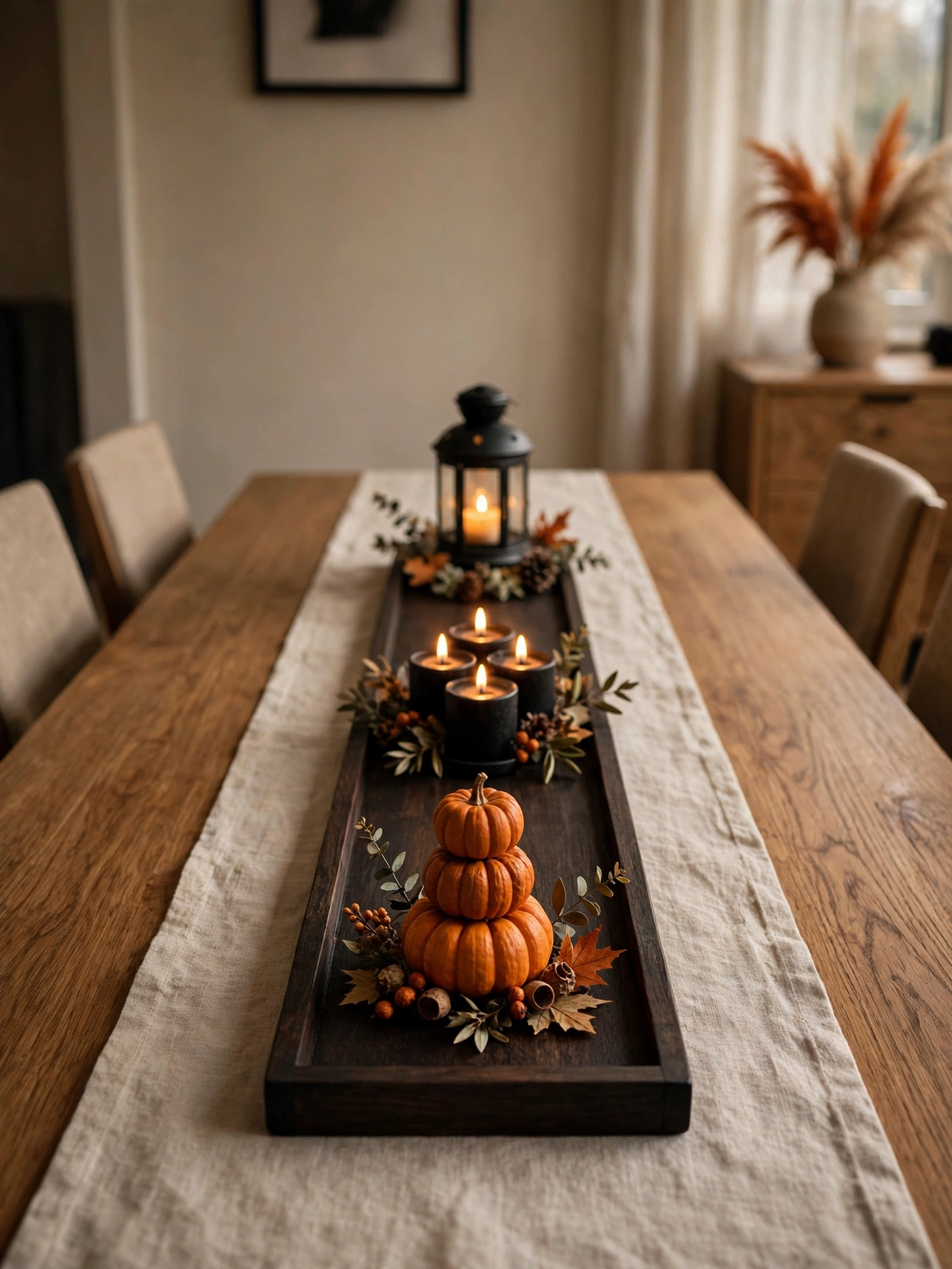 Three small matching vignettes on one long dark wood tray: a tiny pumpkin stack, a cluster of black candles, and a mini la...