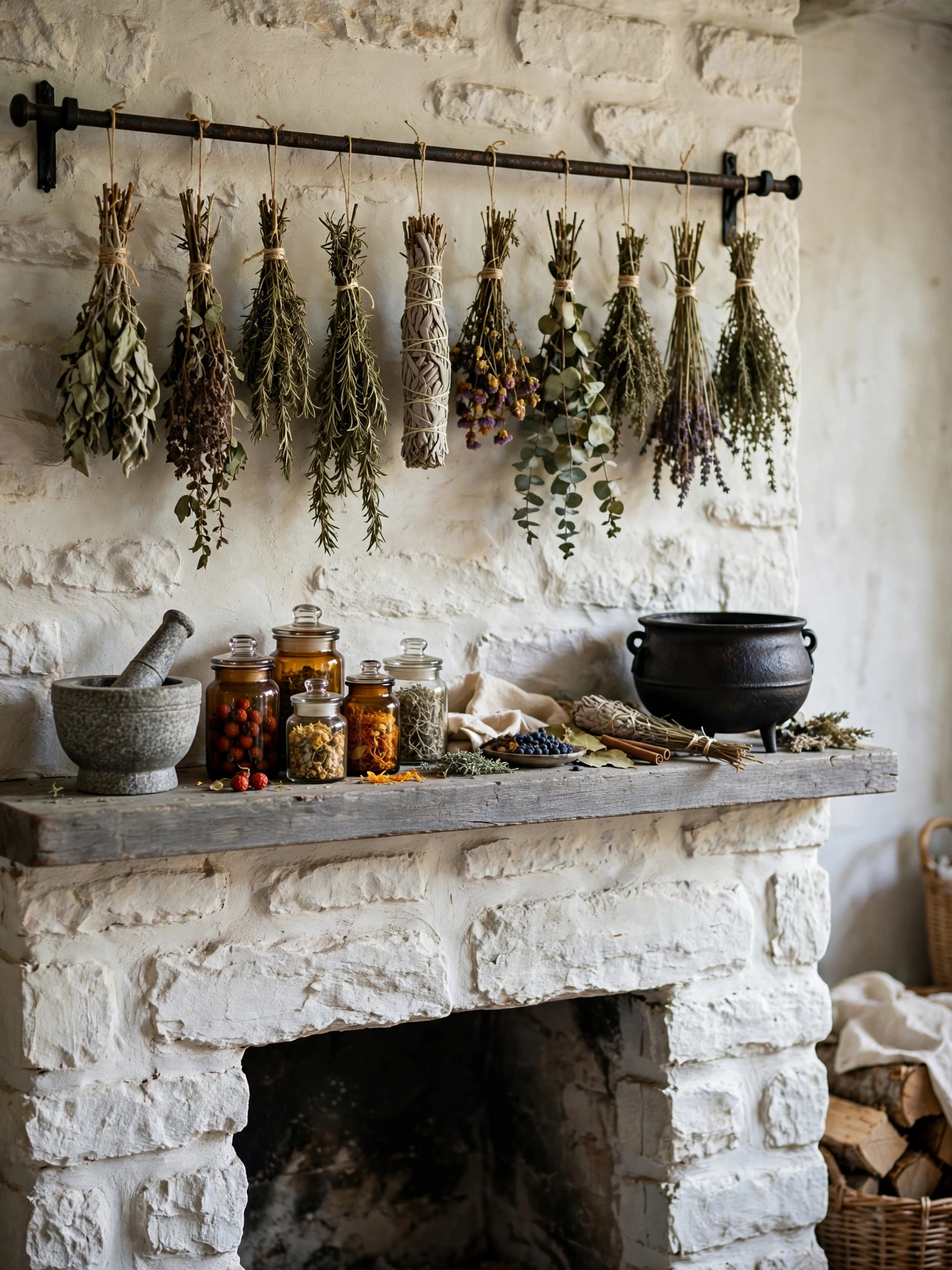 A Halloween mantel styled as a witch's herb station with hanging dried herb bundles, a stone mortar and pestle, small glas...