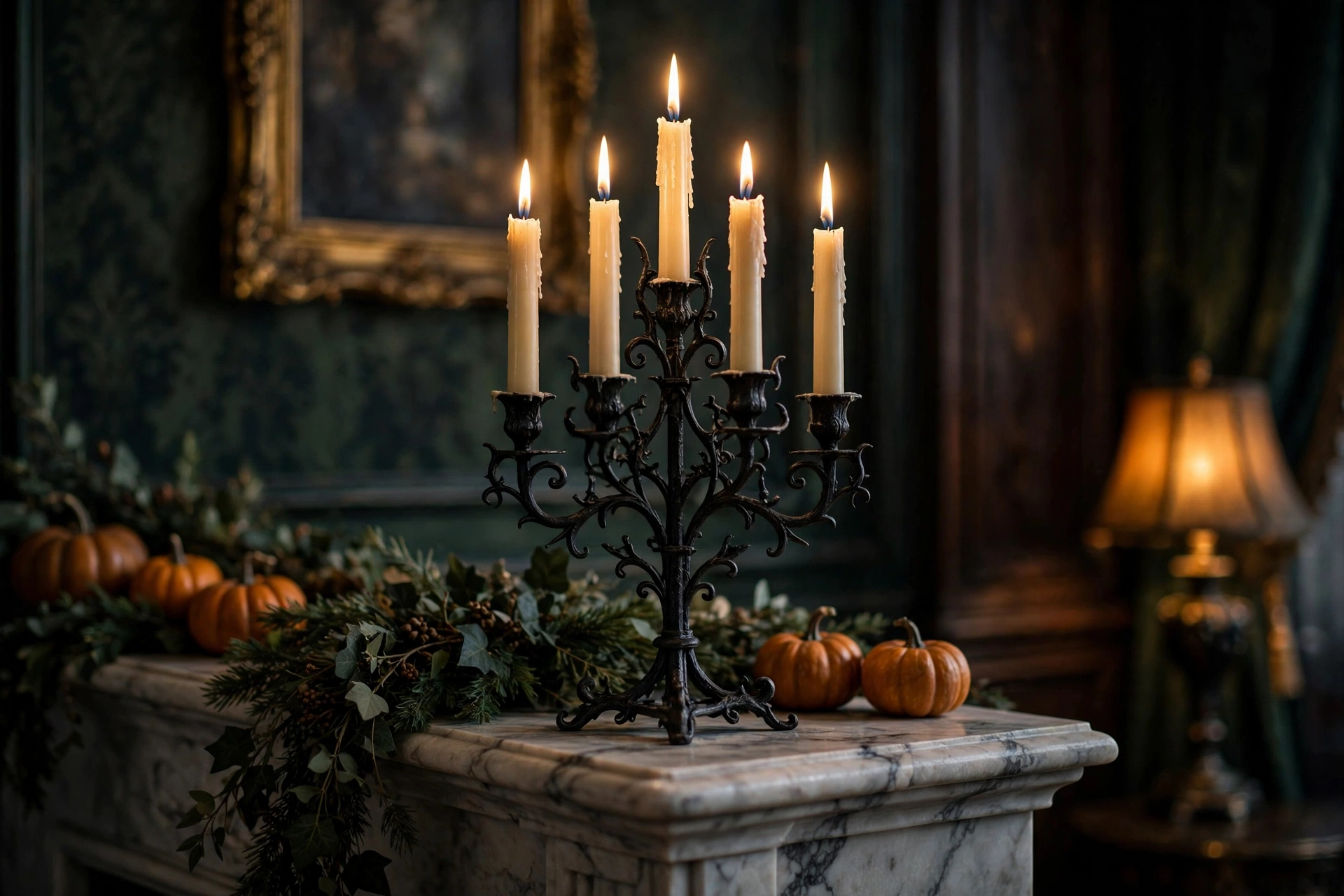A tall black metal candelabra holding five ivory taper candles on a living room mantel
