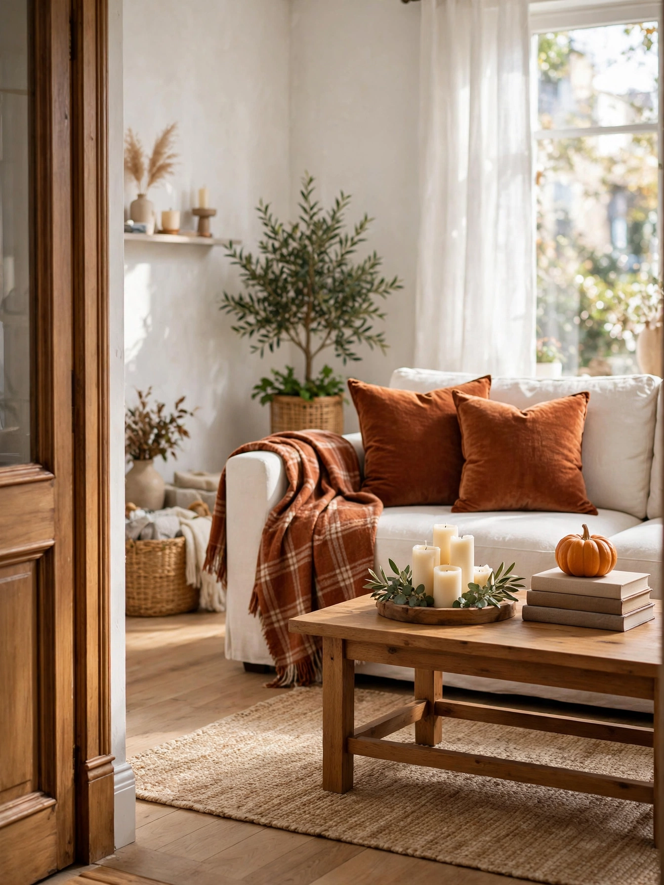 A finished living room corner with throw, pillows, candles and a pumpkin book stack, the complete look these simple fall decor ideas for autumn 2026 build toward.
